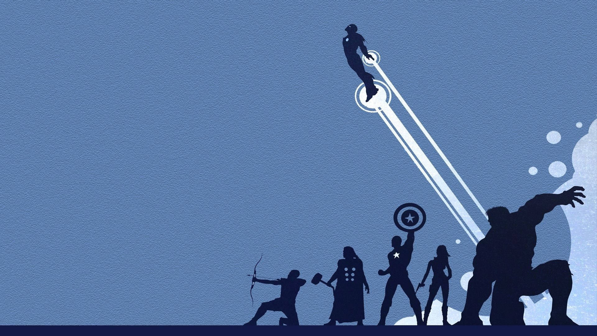 Marvel Minimalistiese blou agtergrond met superhelde-skaduwees.