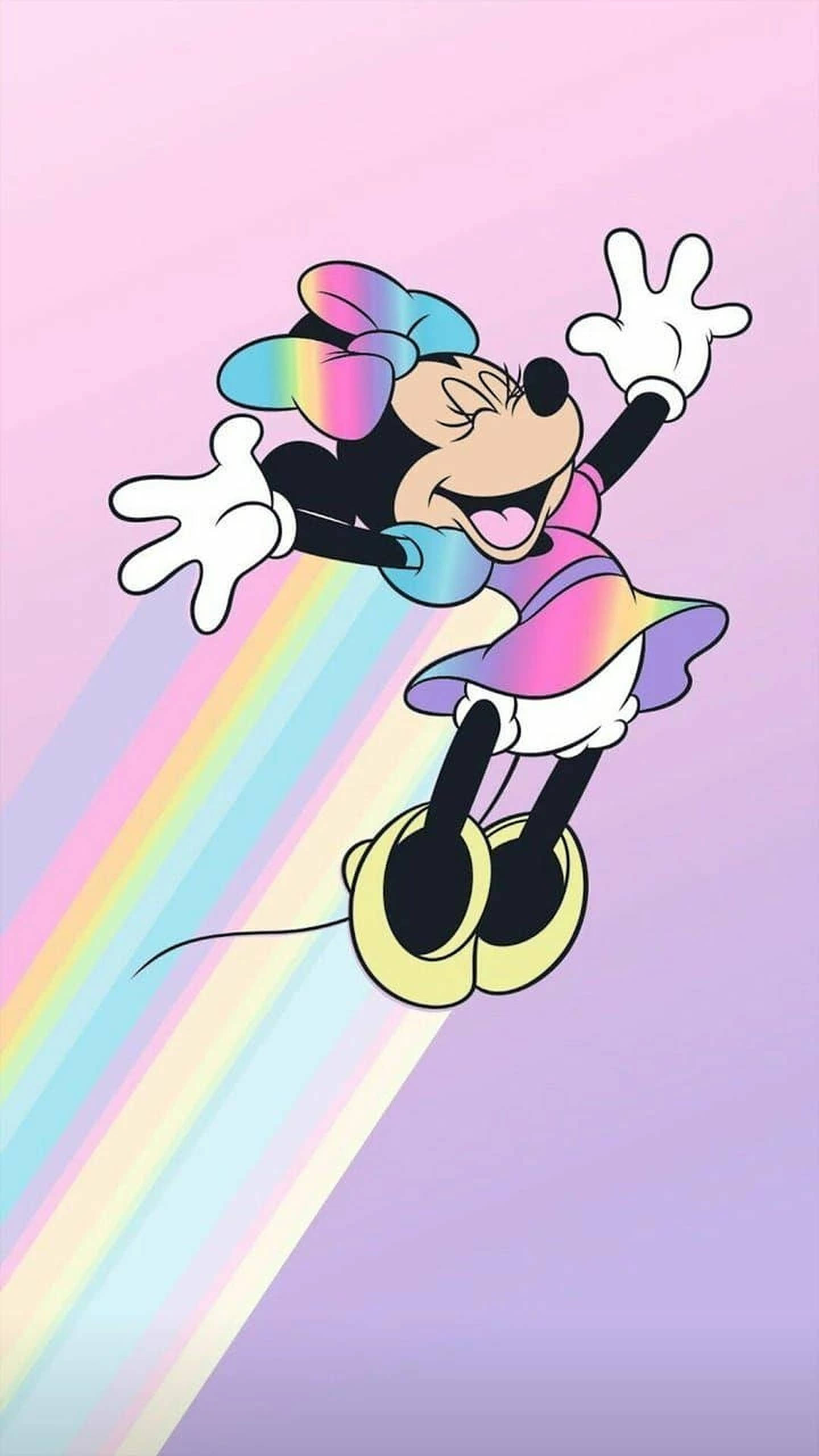 Minnie Mouse Pastel Reënboog Strokie Kuns Muurpapier