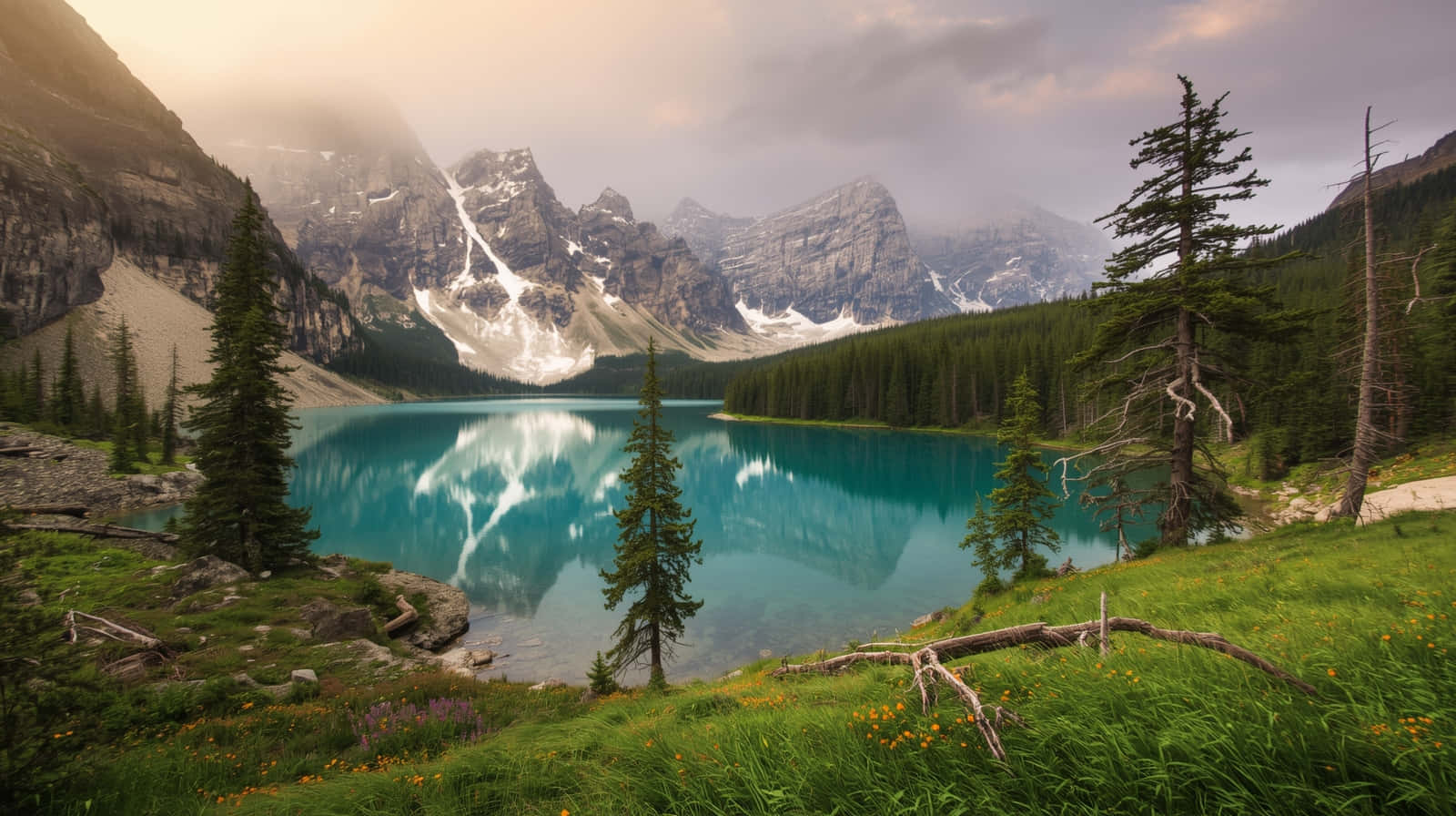 Mis oor Moraine-meer en Turkoois Bergrefleksie-agtergrond Muurpapier
