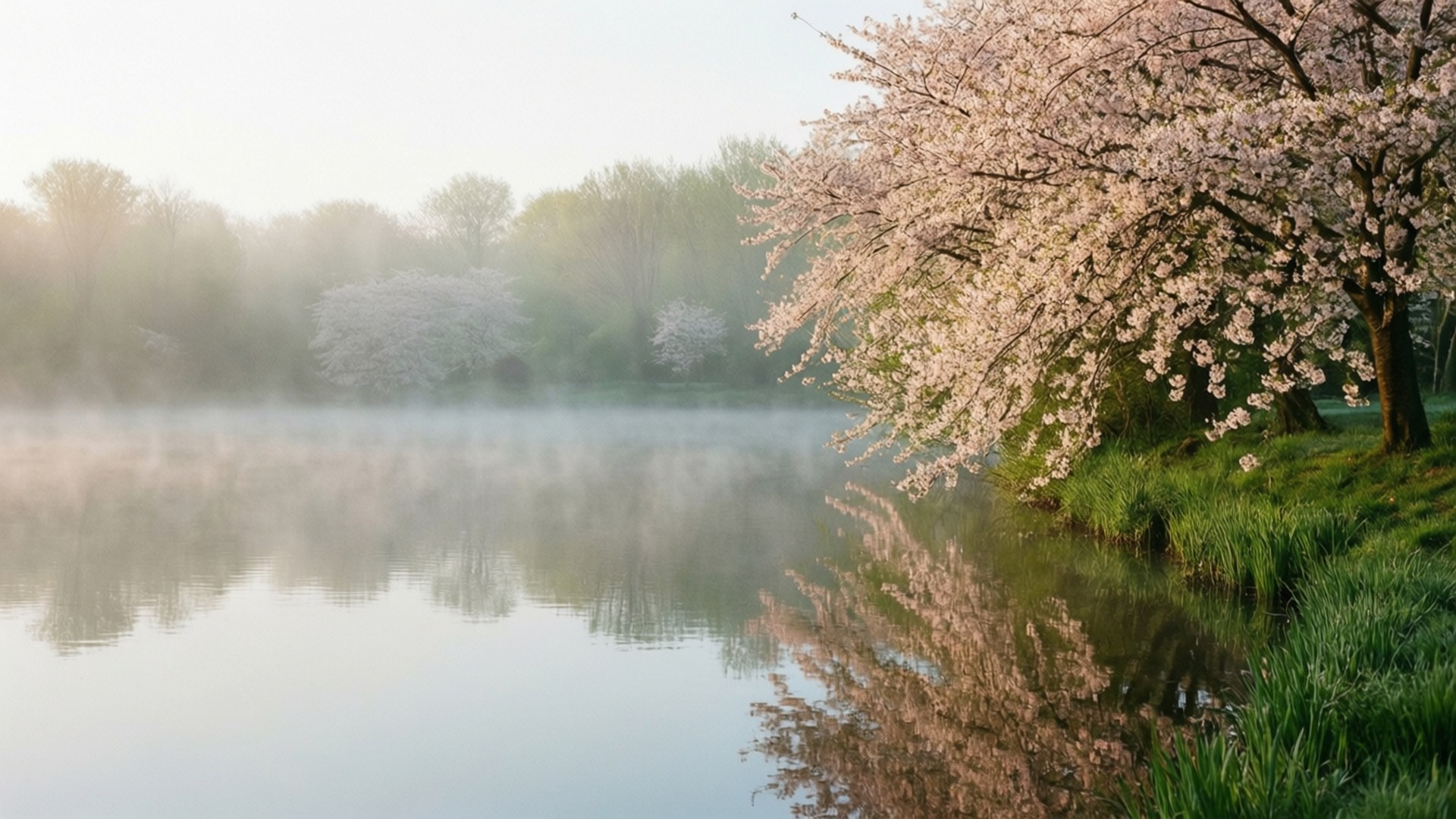 Mistige Meer Lente Muurpapier