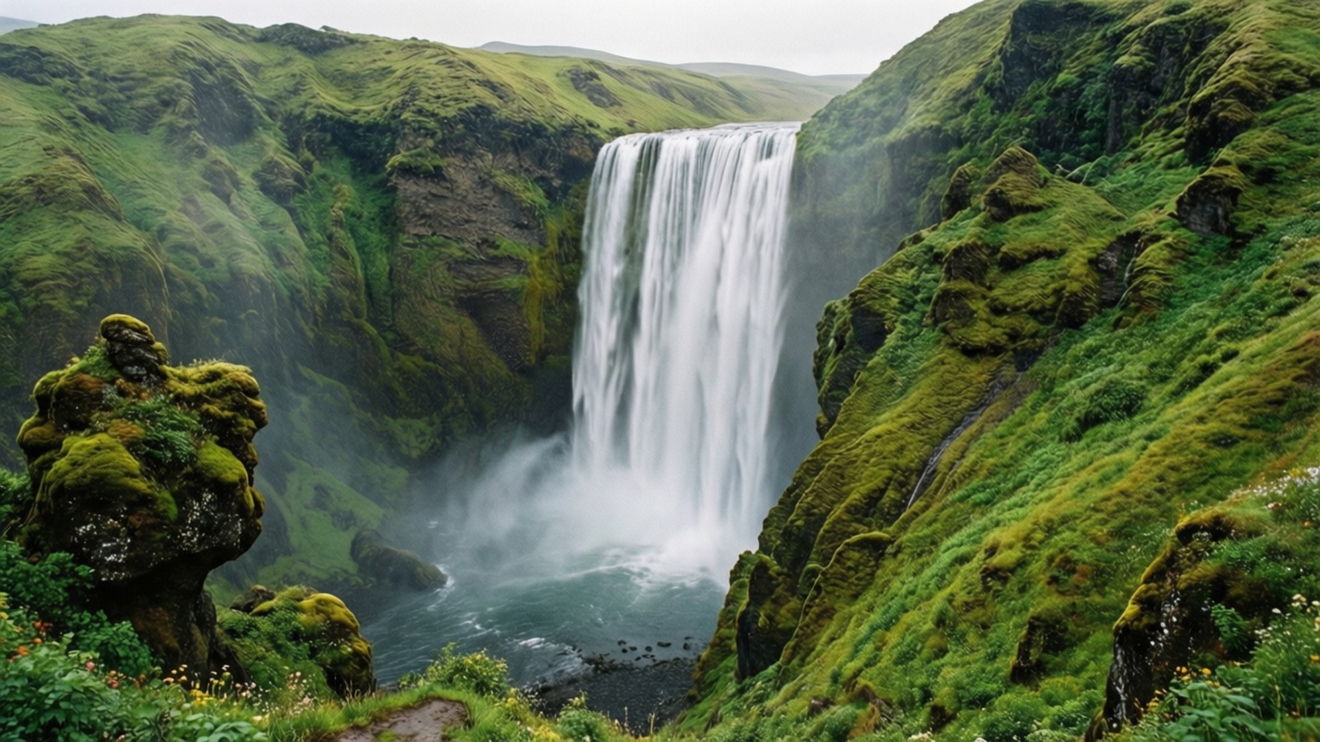 Mistige Waterval Toevlugsoord Muurpapier