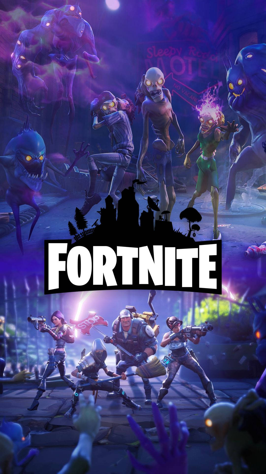 Zombies en mense wat teen mekaar veg met Fortnite-logo HD-agtergrond.