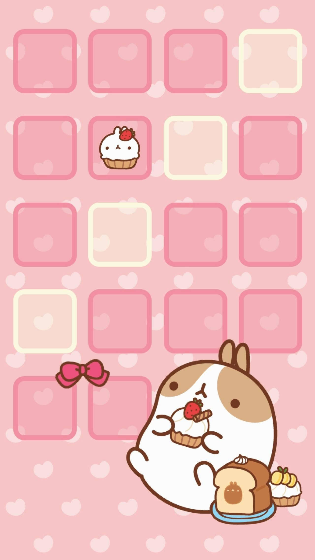 Molang Eet op Kawaii Pienk Agtergrond Muurpapier