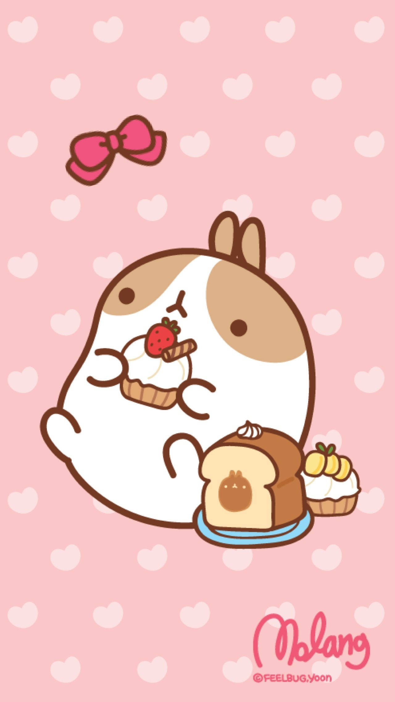 Molang eet op Kawaii Pienk Kolletjies Muurpapier