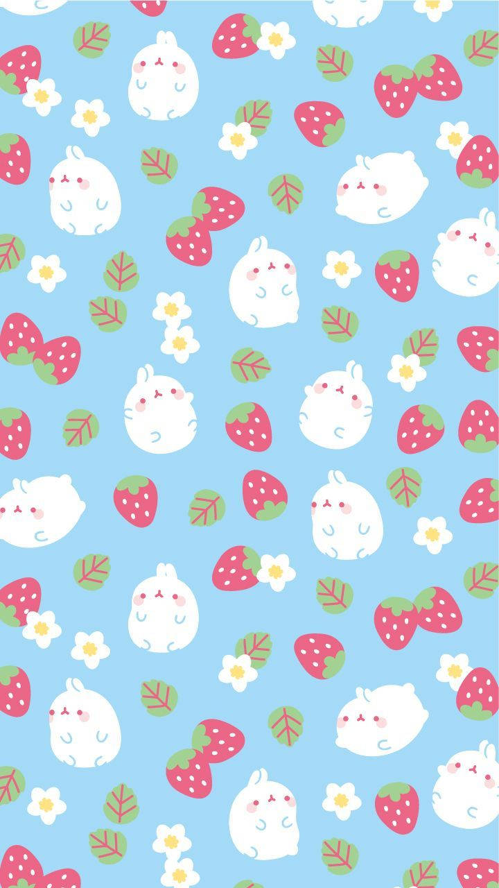 Molang en aarbei kawaii voorblad agtergrond.