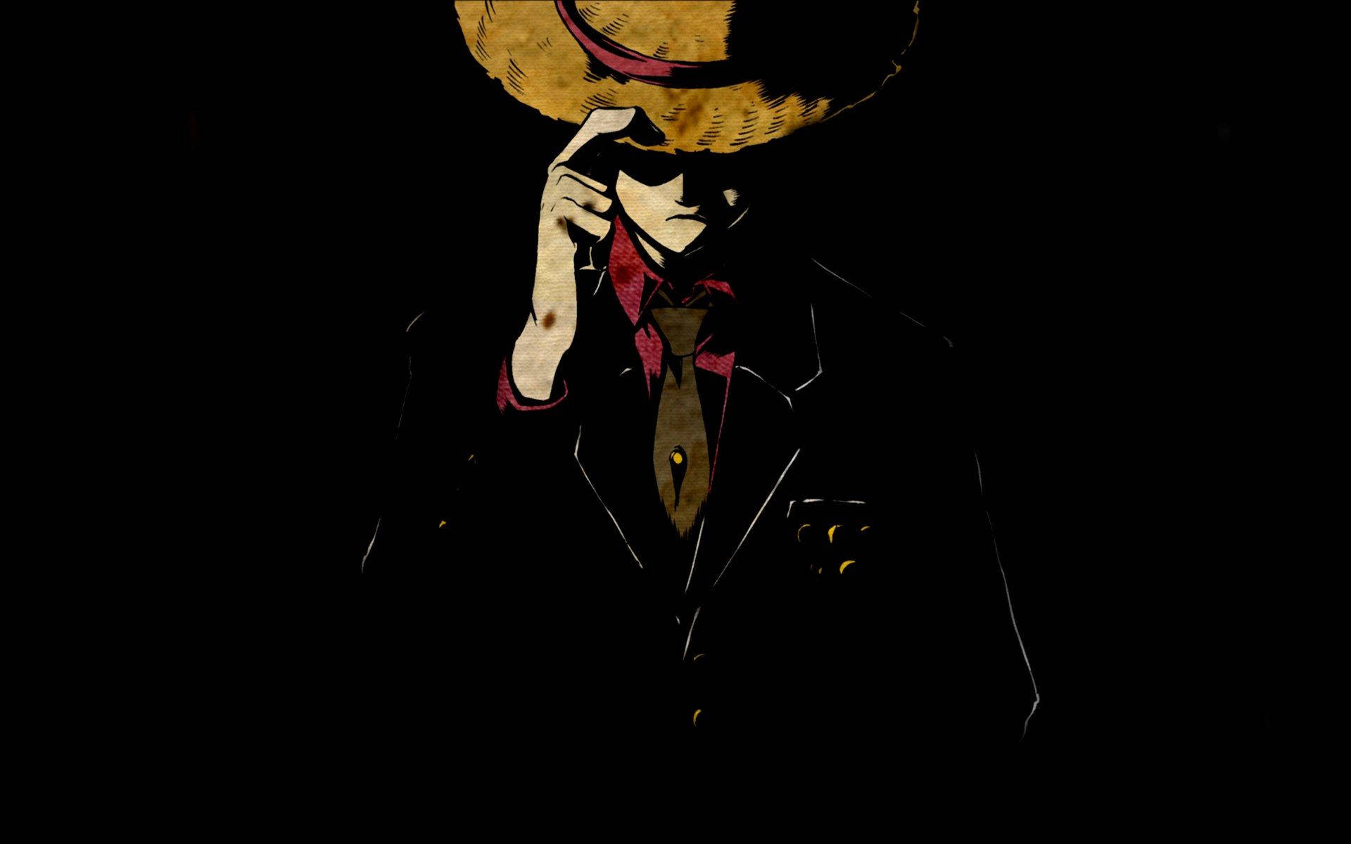 One Piece Luffy wat 'n strooihoed en 'n swart pak dra agtergrond.