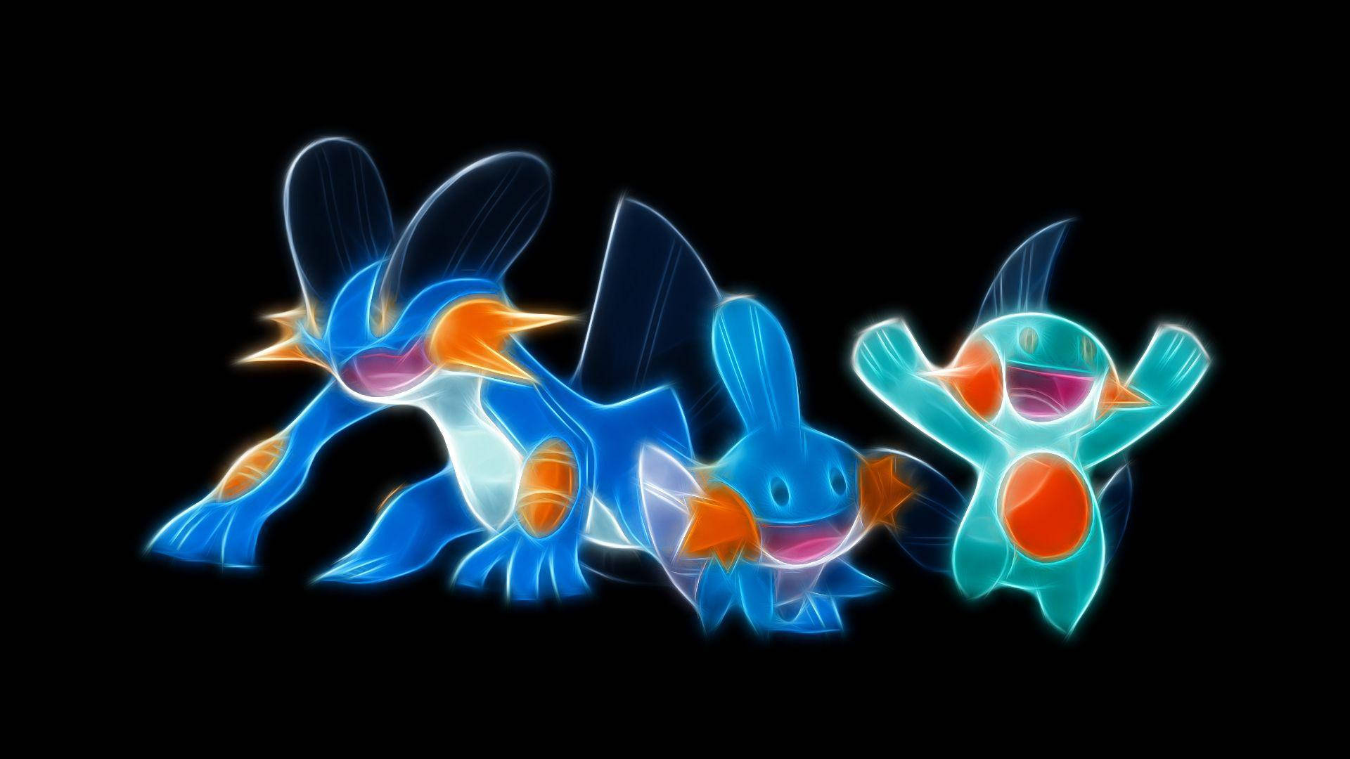 Mudkip en Vriende in Neon Muurpapier