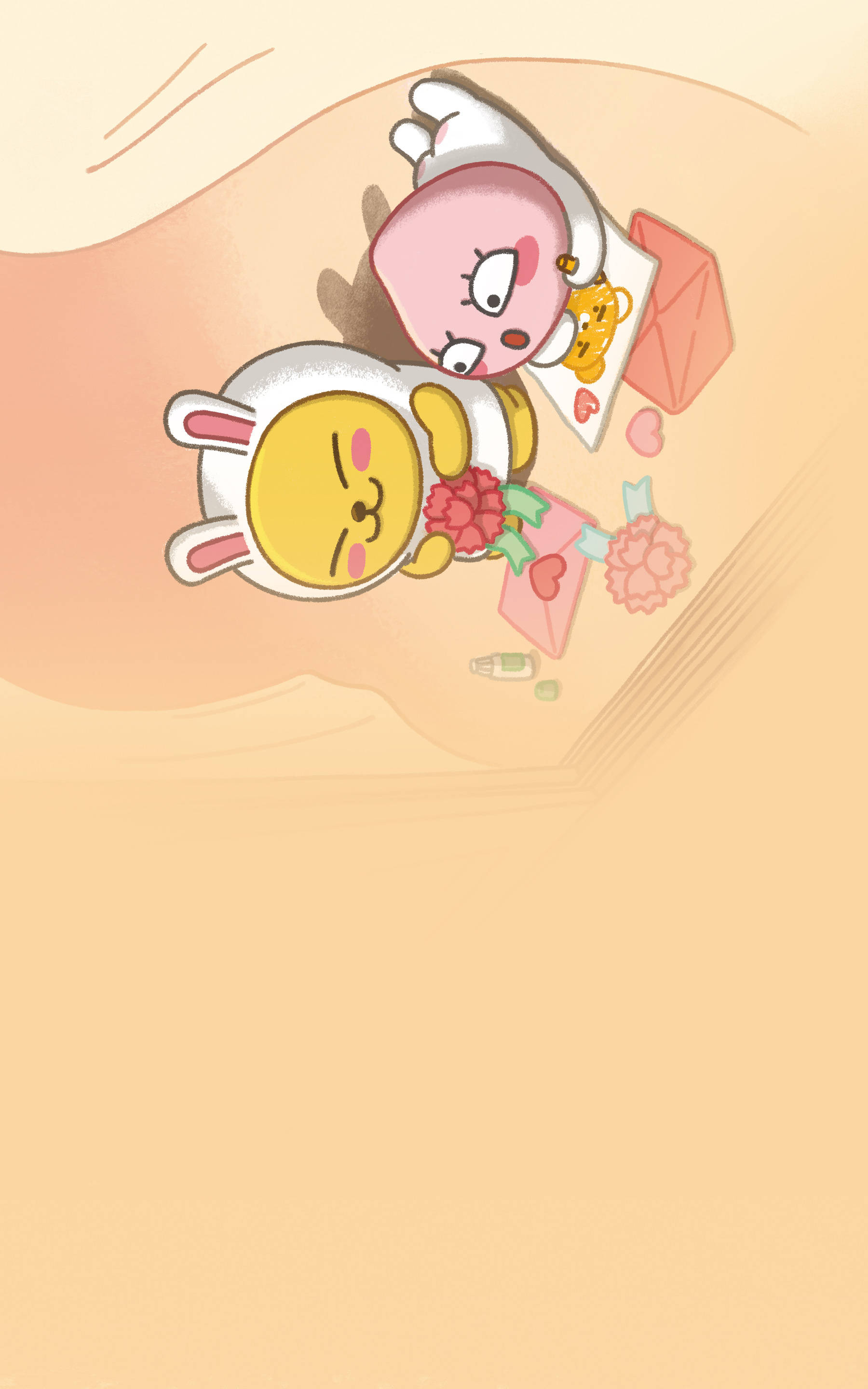 Muzi en Apeach van Kakao Friends Geniet 'n Sondag Muurpapier