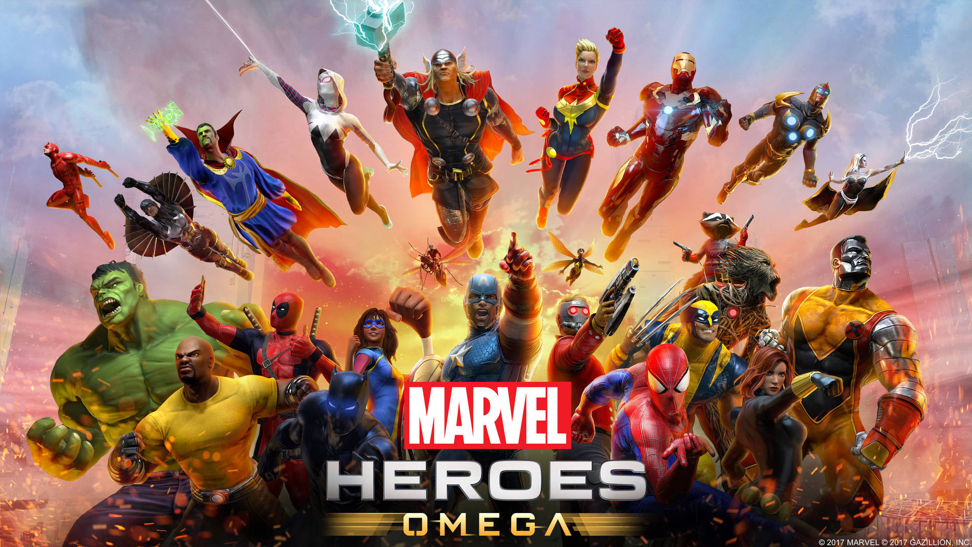 Marvel-superhelde omega met vliegende karakters.