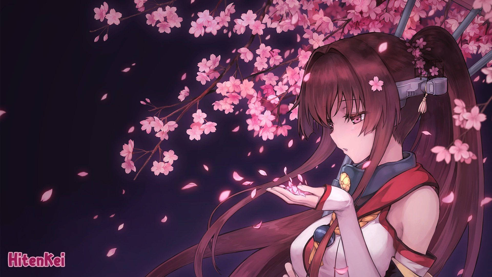 Anime-meisie in uniform wat onder 'n pienk sakuraboom staan agtergrond — Anime meisie Muurpapier
