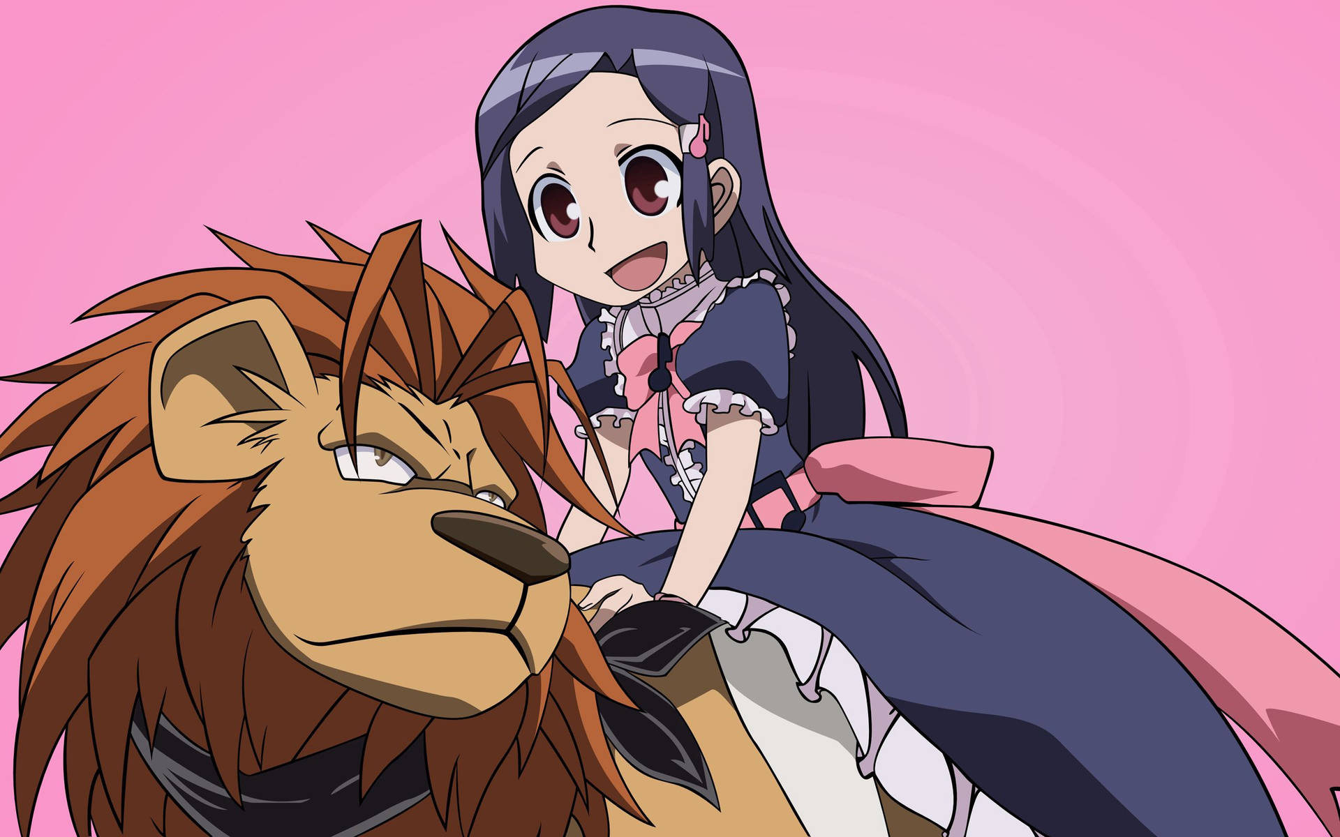 Gelukkige anime-meisie wat 'n bruin ernstige leeu ry agtergrond — Anime meisie Muurpapier