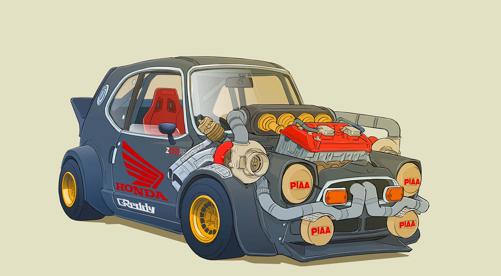 'n Anime-motor wat deur 'n Neonstad spoed. Muurpapier