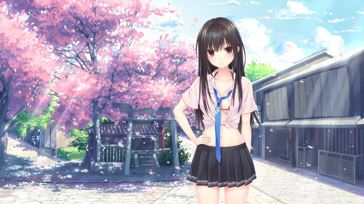 Animi-meisie in sexy skooluniform met pienk kersiebloeibome, agtergrond — Anime meisie Muurpapier