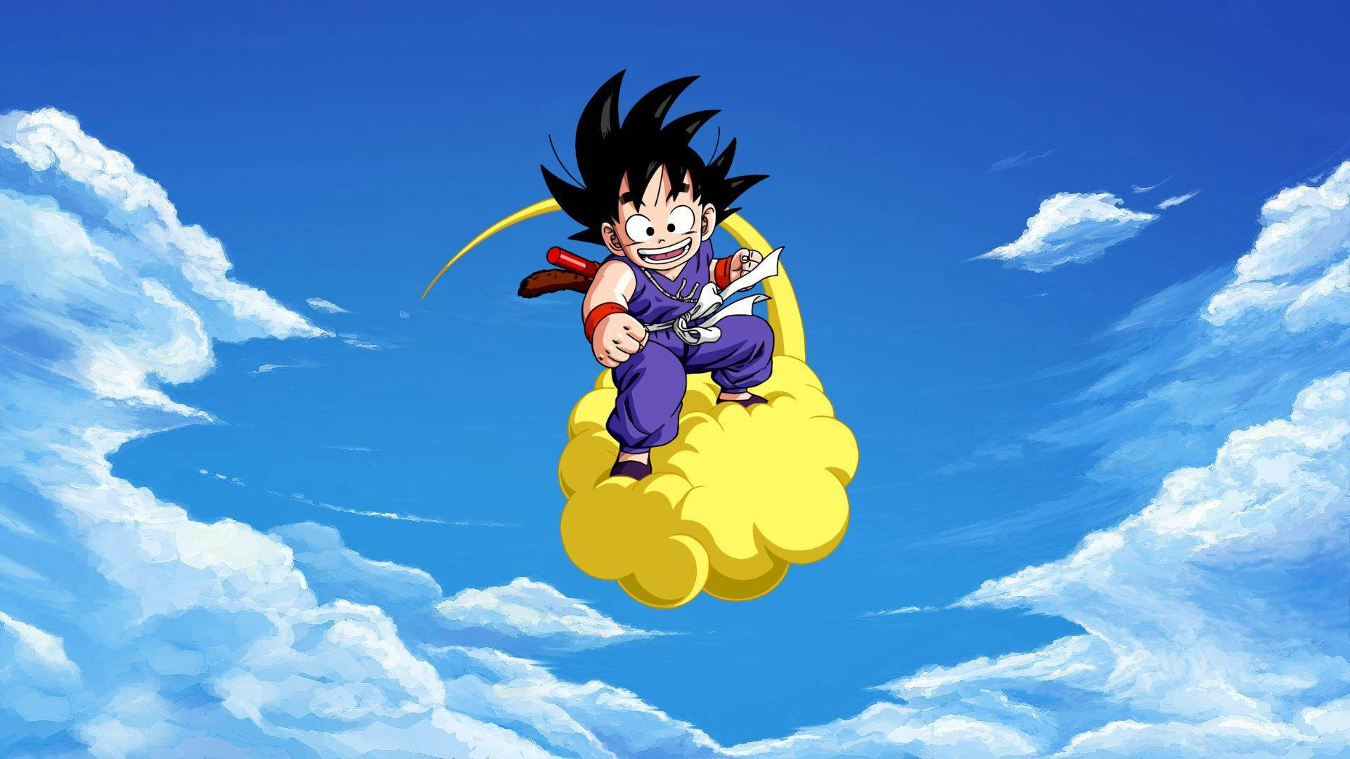 Agtergrond van kind Son Goku wat op sy vlieënde nimbus ry.
