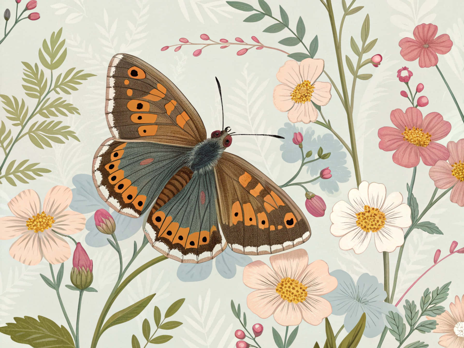 'n Betowerende Nabyfoto Van 'n Brown Argus Skoenlapper Wat Vlieg Muurpapier
