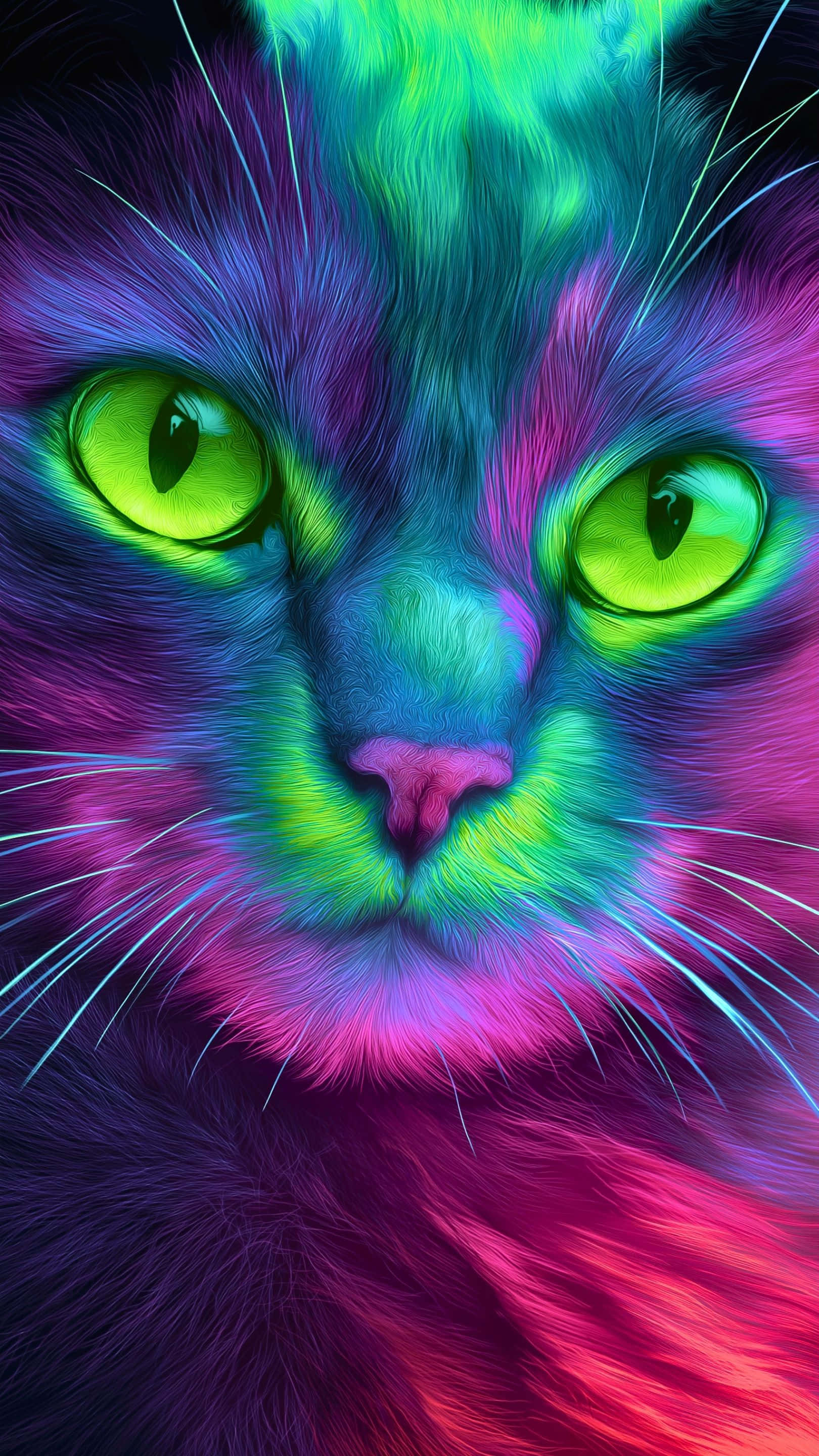 'n Betowerende nabyfoto van 'n lewendige neonkat met gloeiende groen oë en psigedeliese pelspatrone Muurpapier