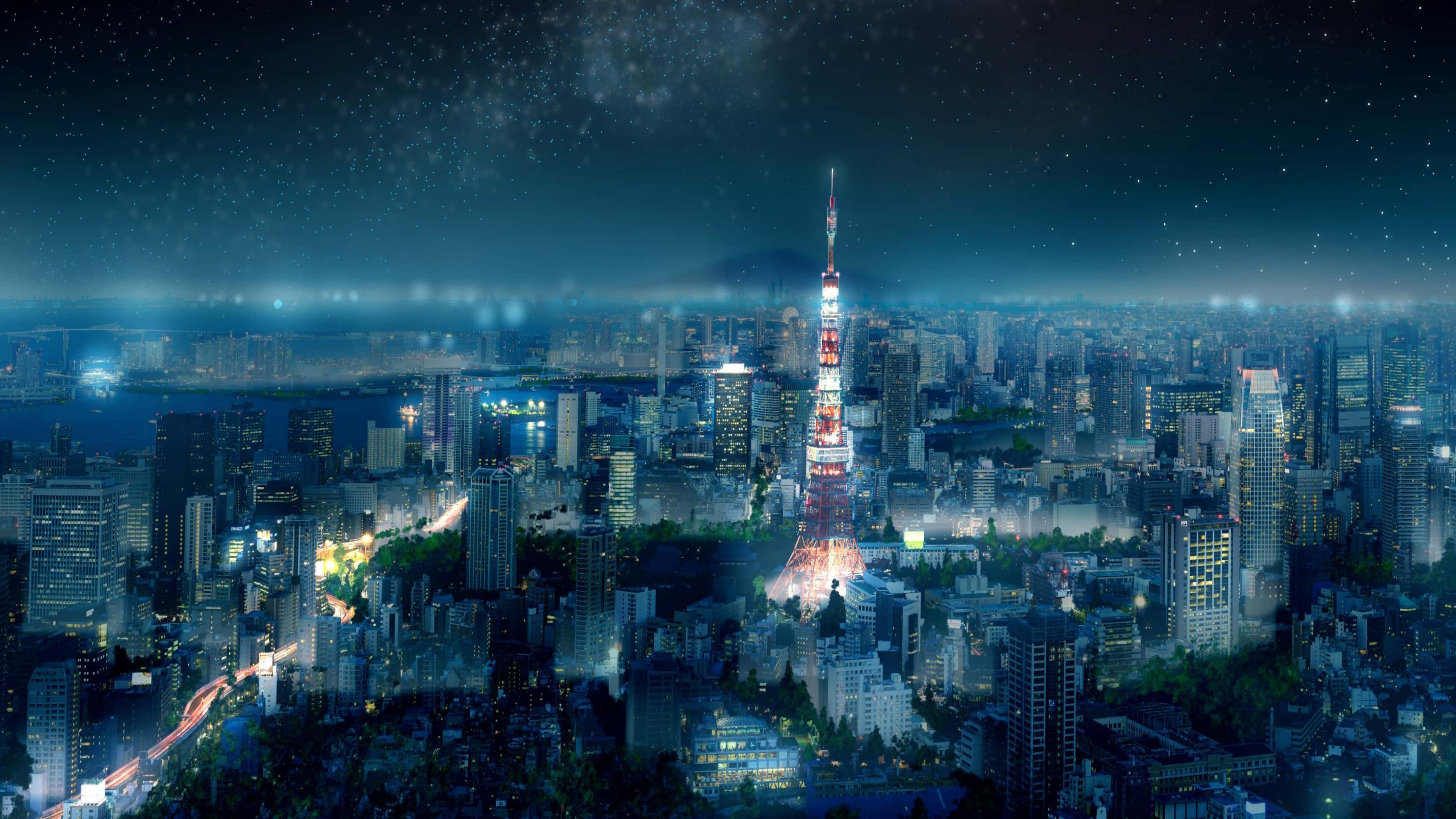 'n Betowerende naguitsig oor Tokio se skyline met 'n anime-aanraking Muurpapier