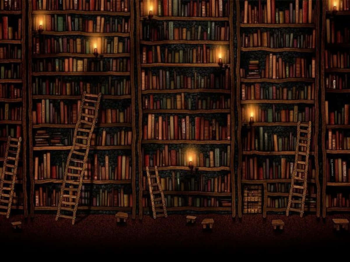 'n biblioteek met baie boeke en lere Muurpapier