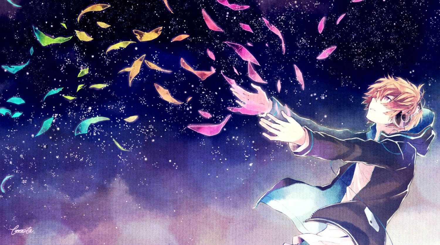 Anime-seun wat ontspan met musiek-agtergrond — Anime seun Muurpapier