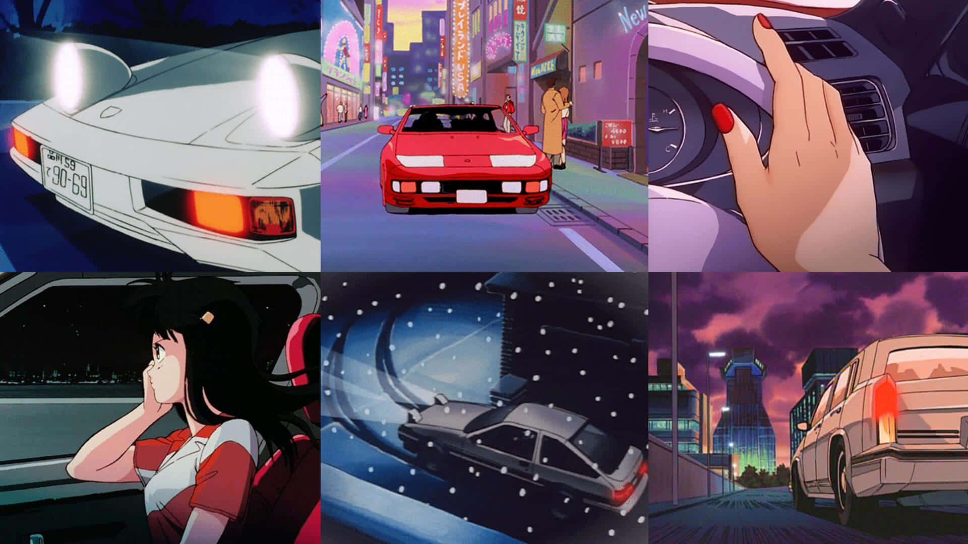 'n collage van anime prente met 'n motor en 'n vrou Muurpapier