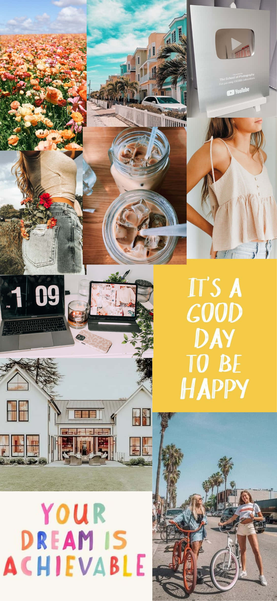 'n collage van foto's met die woorde 'dit is 'n goeie dag om gelukkig te wees' Muurpapier