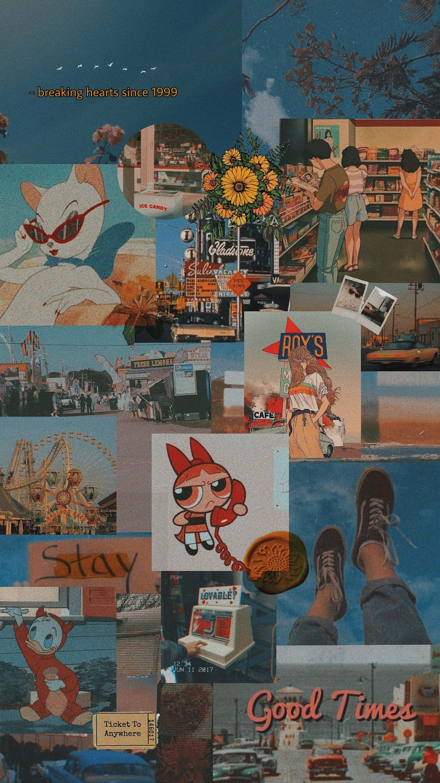 'n collage van prente met die woorde goeie tye Muurpapier