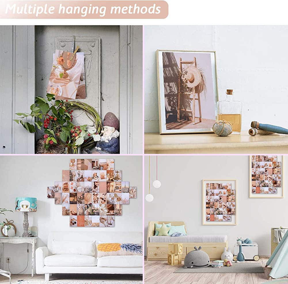 'n Collage van prente en 'n kamer met meubels Muurpapier