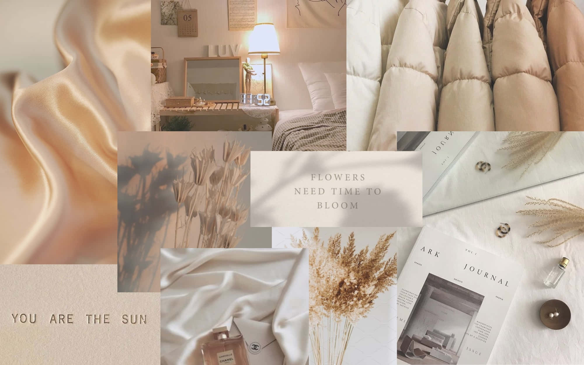 'n collage van verskeie items insluitend 'n bed, kussings en 'n lamp Muurpapier