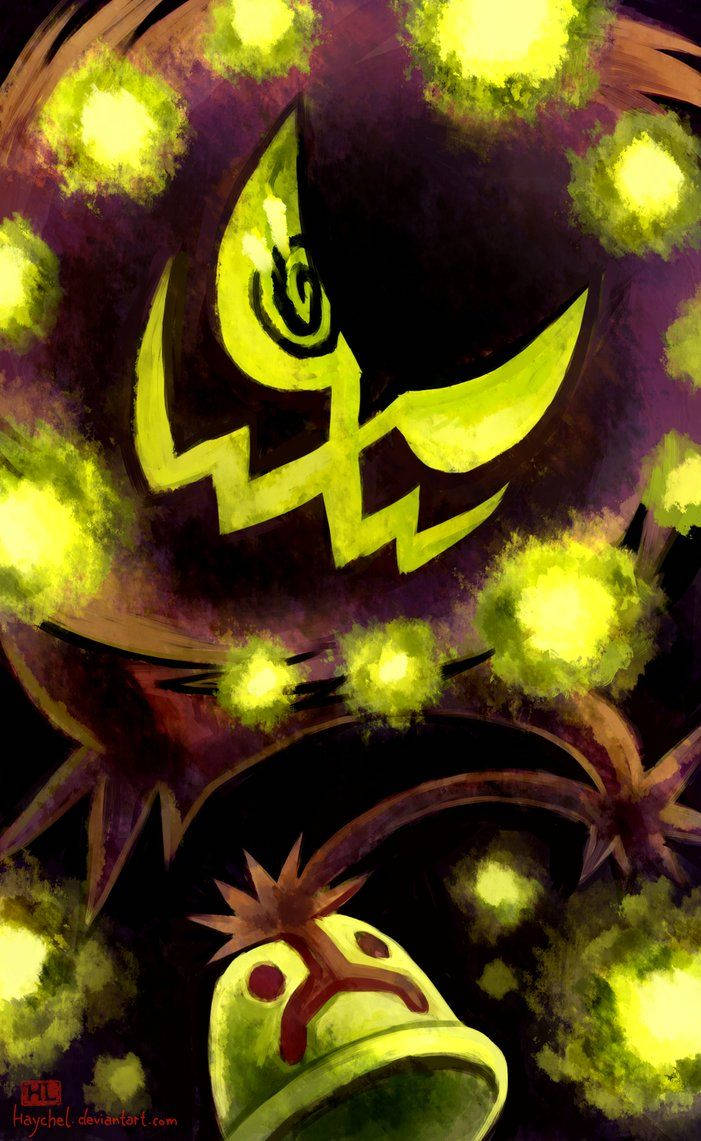 'n Deviantart-stuk: Gloeiende Groen Spiritomb van Pokémon in die Skaduwees. Muurpapier