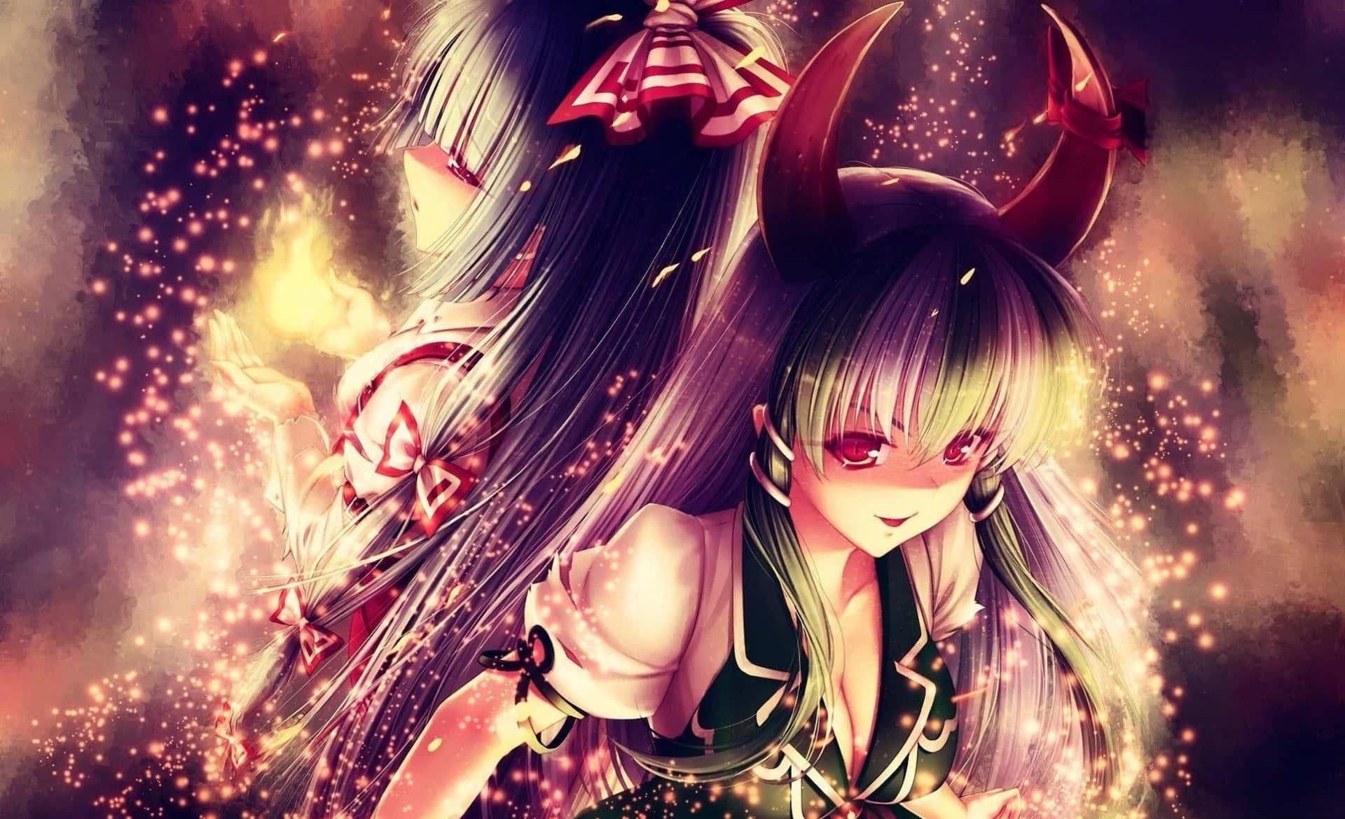 'n Dreigende anime-demon gehul in skaduwees. Muurpapier
