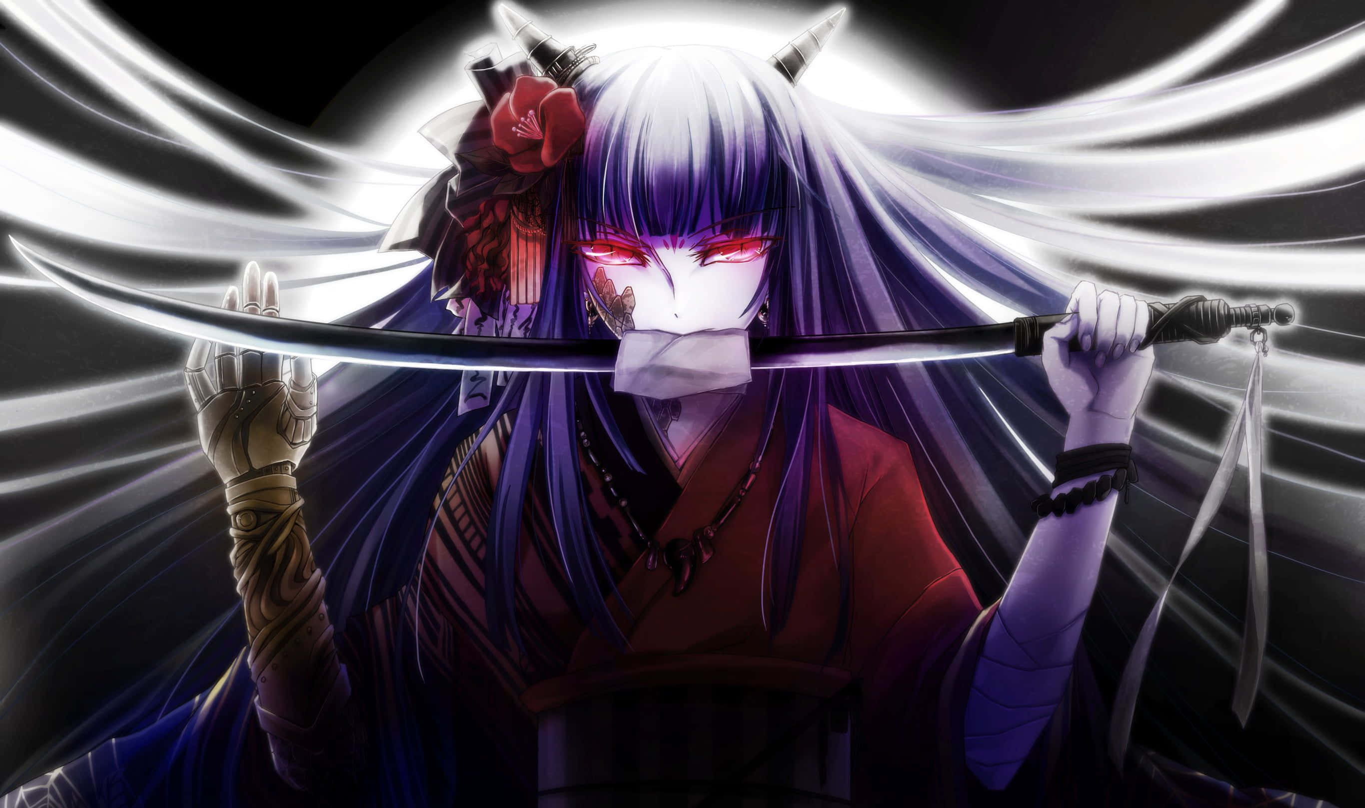 'n Dreigende anime-demon staar intens vanuit die skadu's Muurpapier