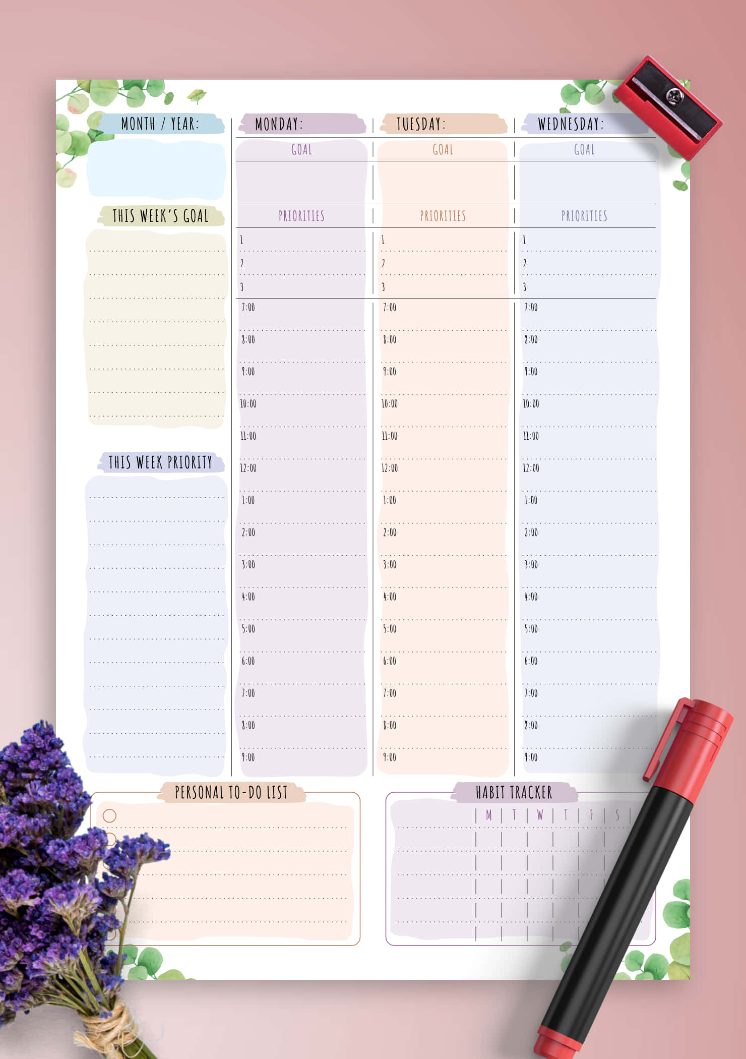 'n drukbare beplanner met pers blomme en 'n pen Muurpapier