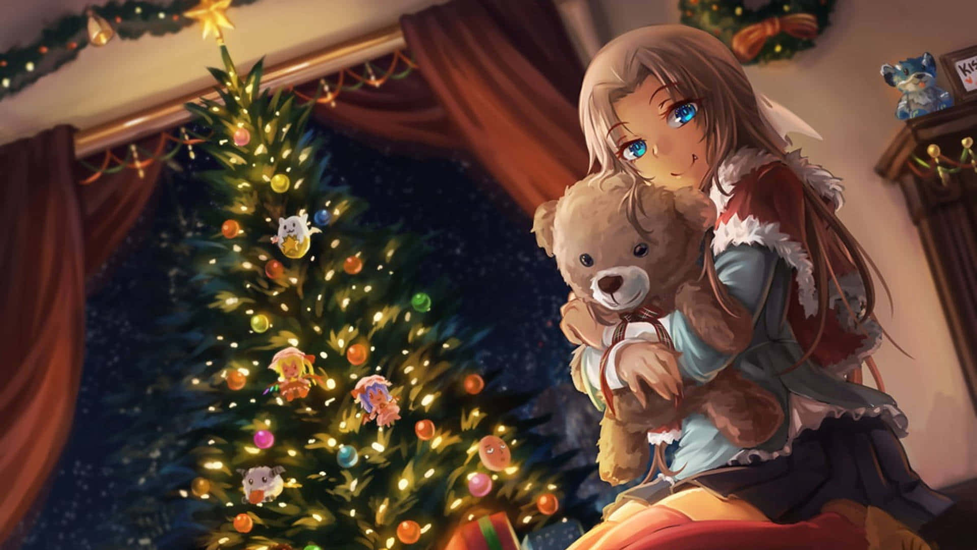 'n Feestelike Anime Kersfees-agtergrond met sneeubedekte boom en pragtige karakters wat die vakansie vier. Muurpapier