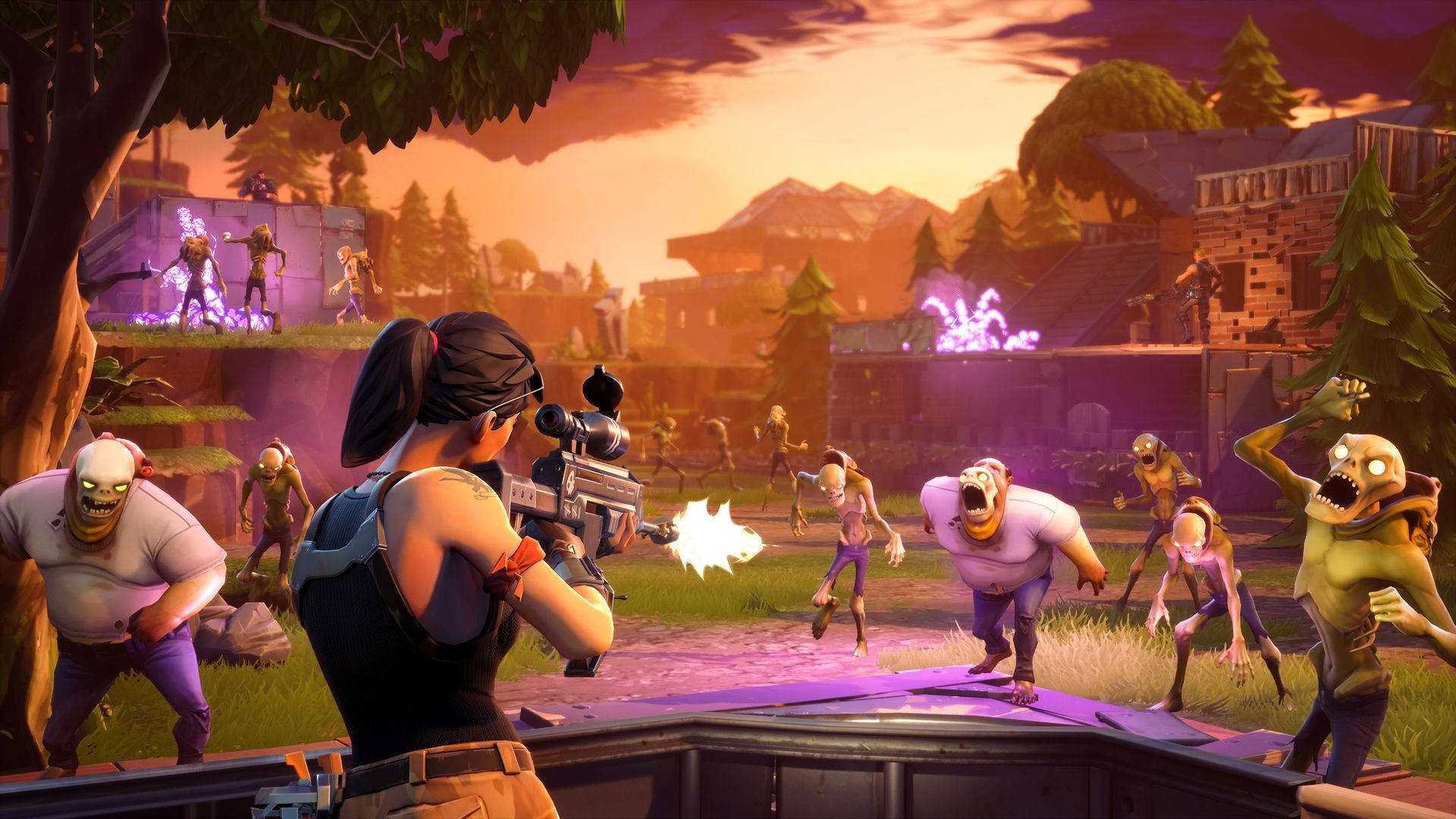 'n Vroulike soldaat van Fortnite veg teen monsters HD-agtergrond.