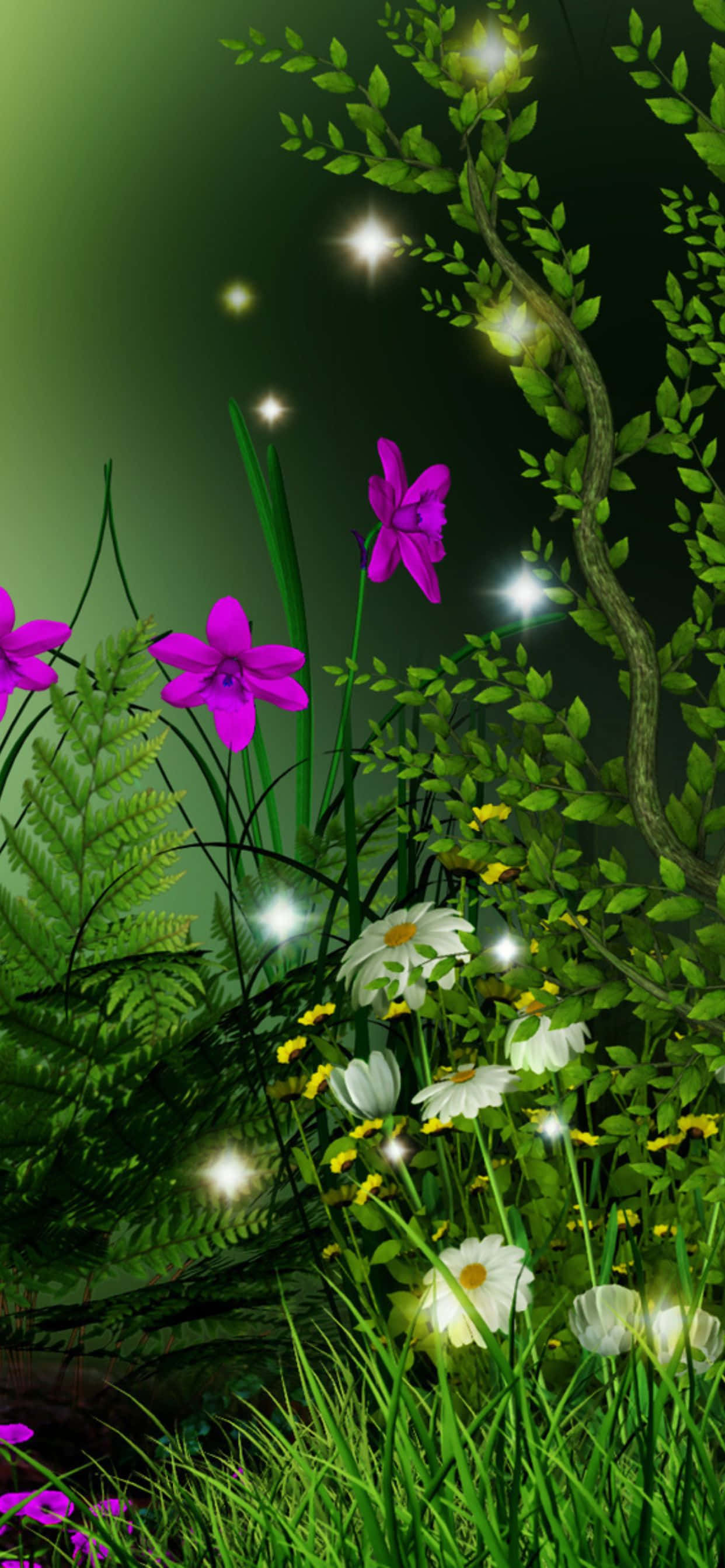 'n groen woud met blomme en skoenlappers Muurpapier
