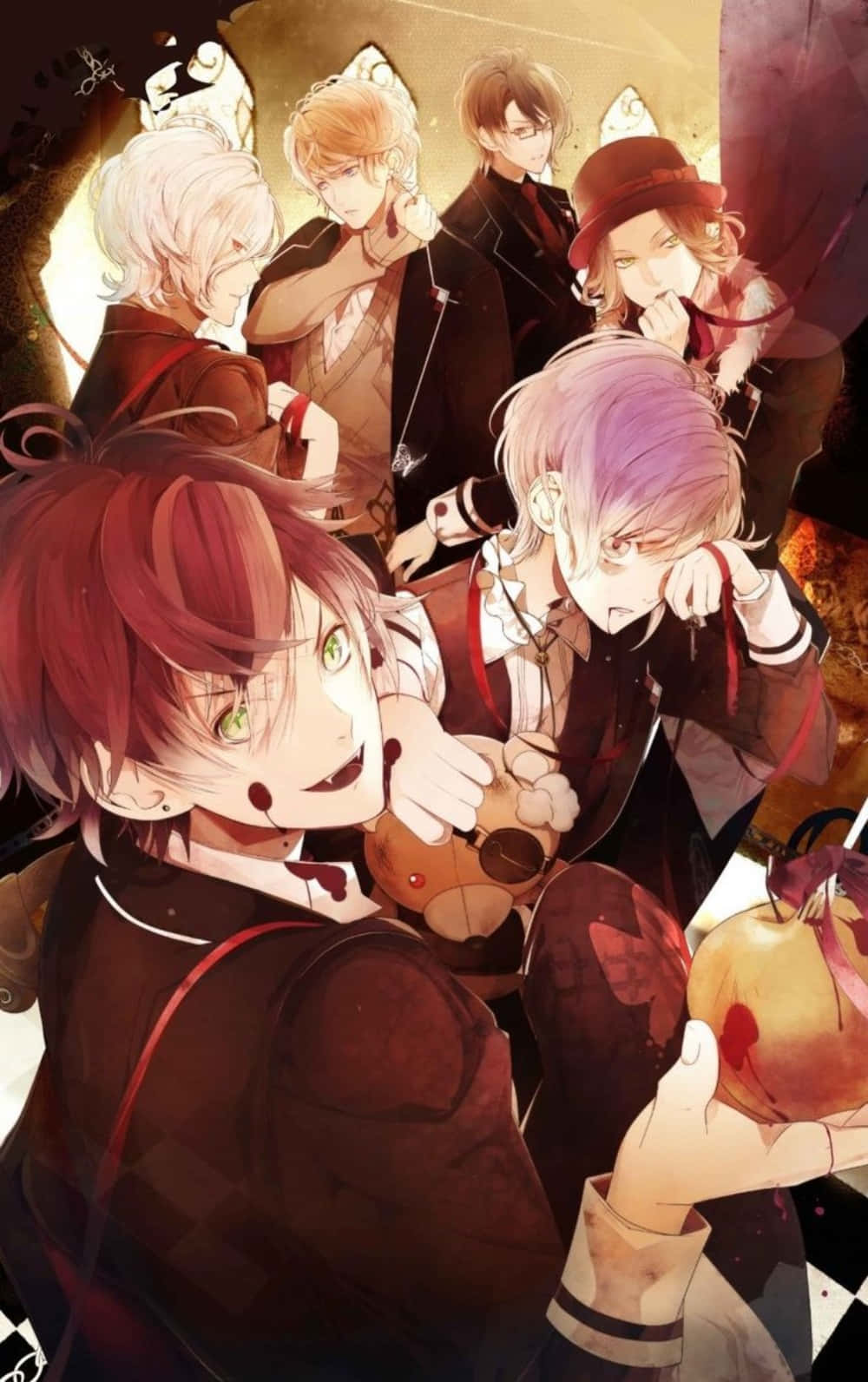 'n groep anime-karakters wat appels vashou Muurpapier