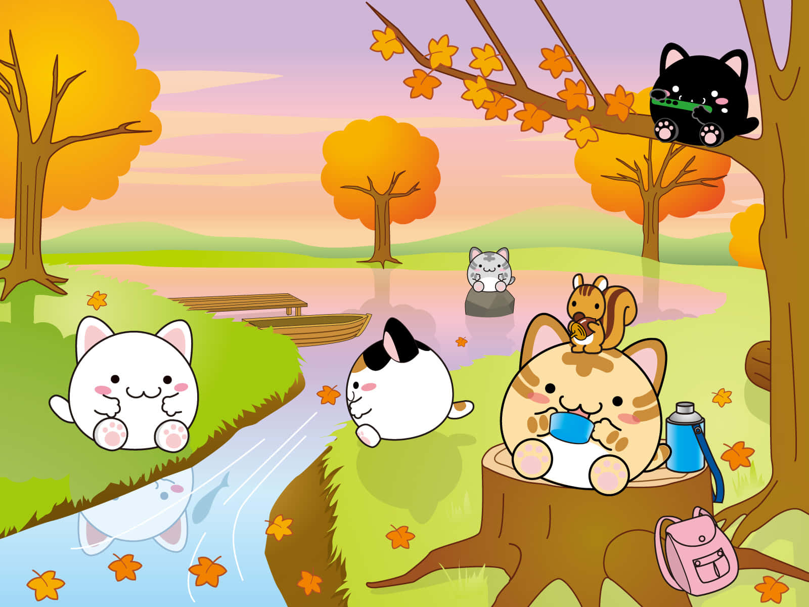 'n groep katte wat in 'n boom sit Muurpapier