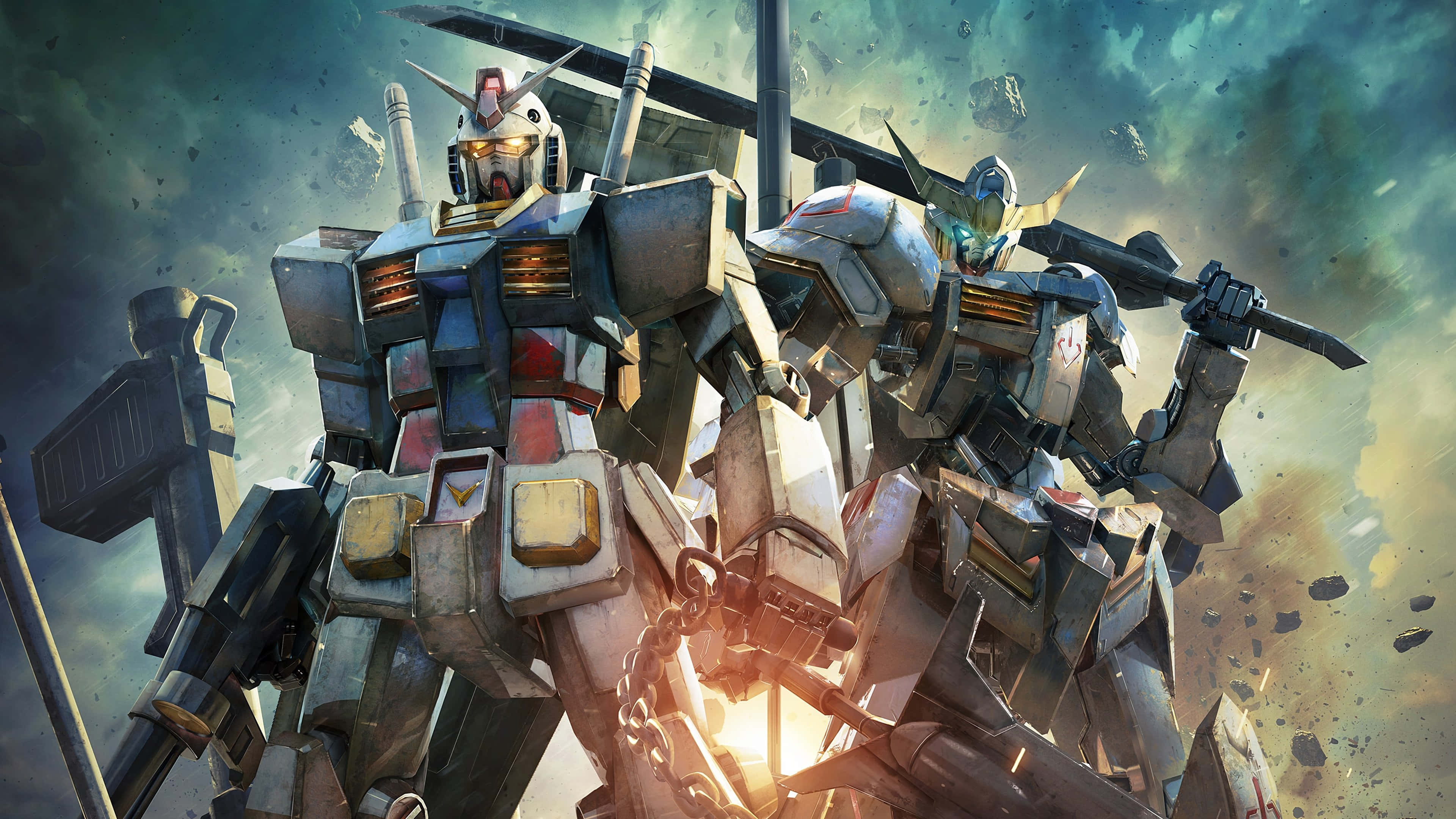 'n Gundam-robotvlieënier kyk van bo af na 'n metropool Muurpapier