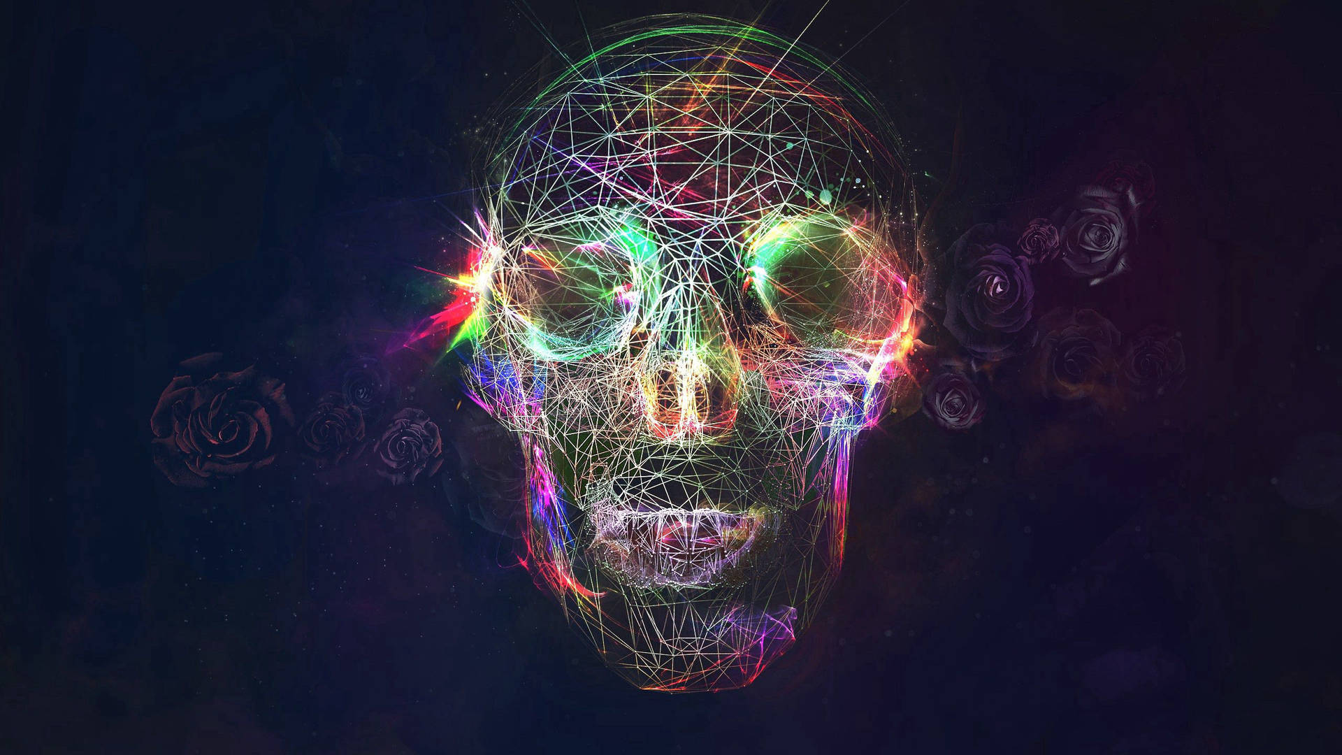 Skedel met kleurvolle ligte en geometriese patroon.