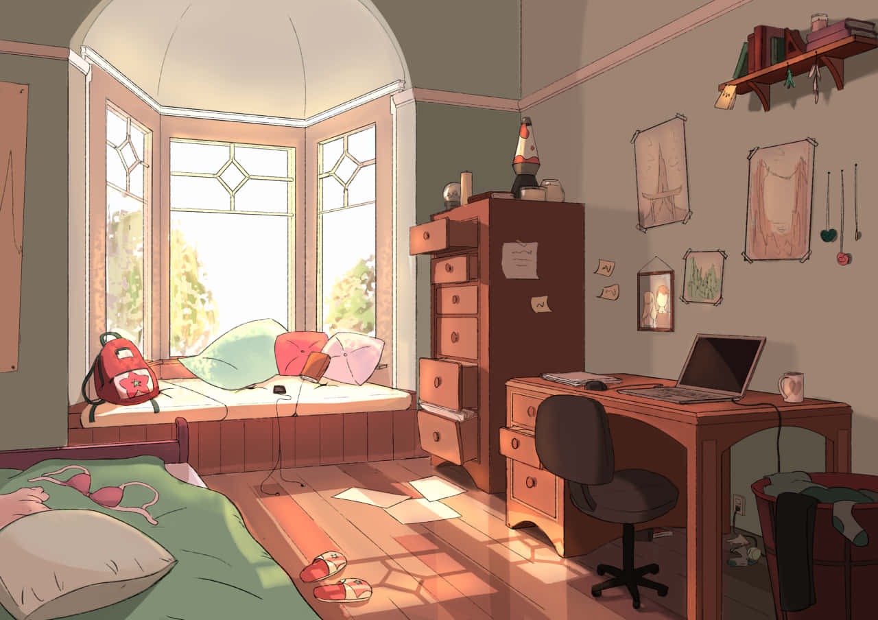 'n kamer met 'n bed, lessenaar en venster Muurpapier