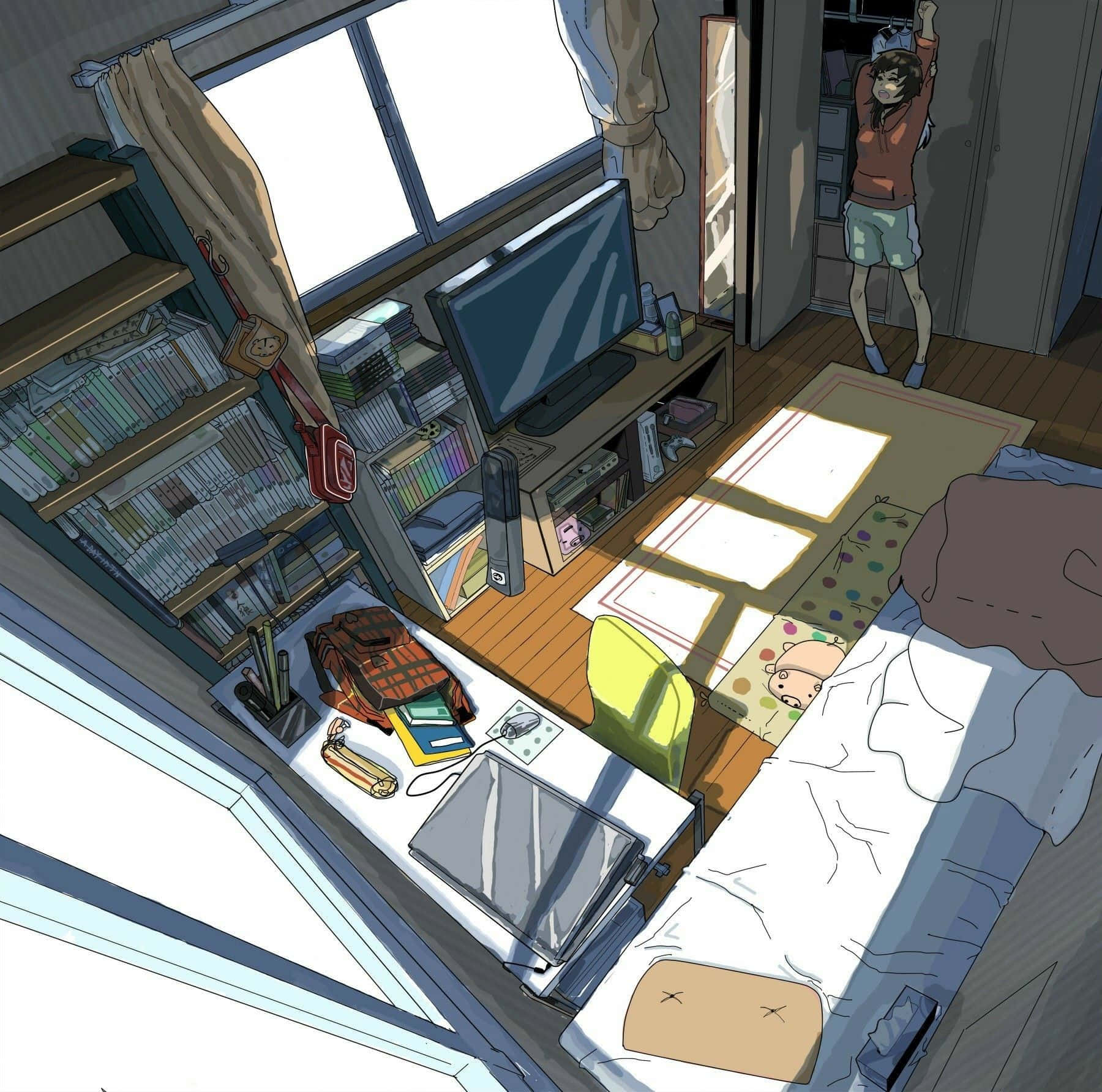 'n Kamer met 'n bed en 'n TV Muurpapier