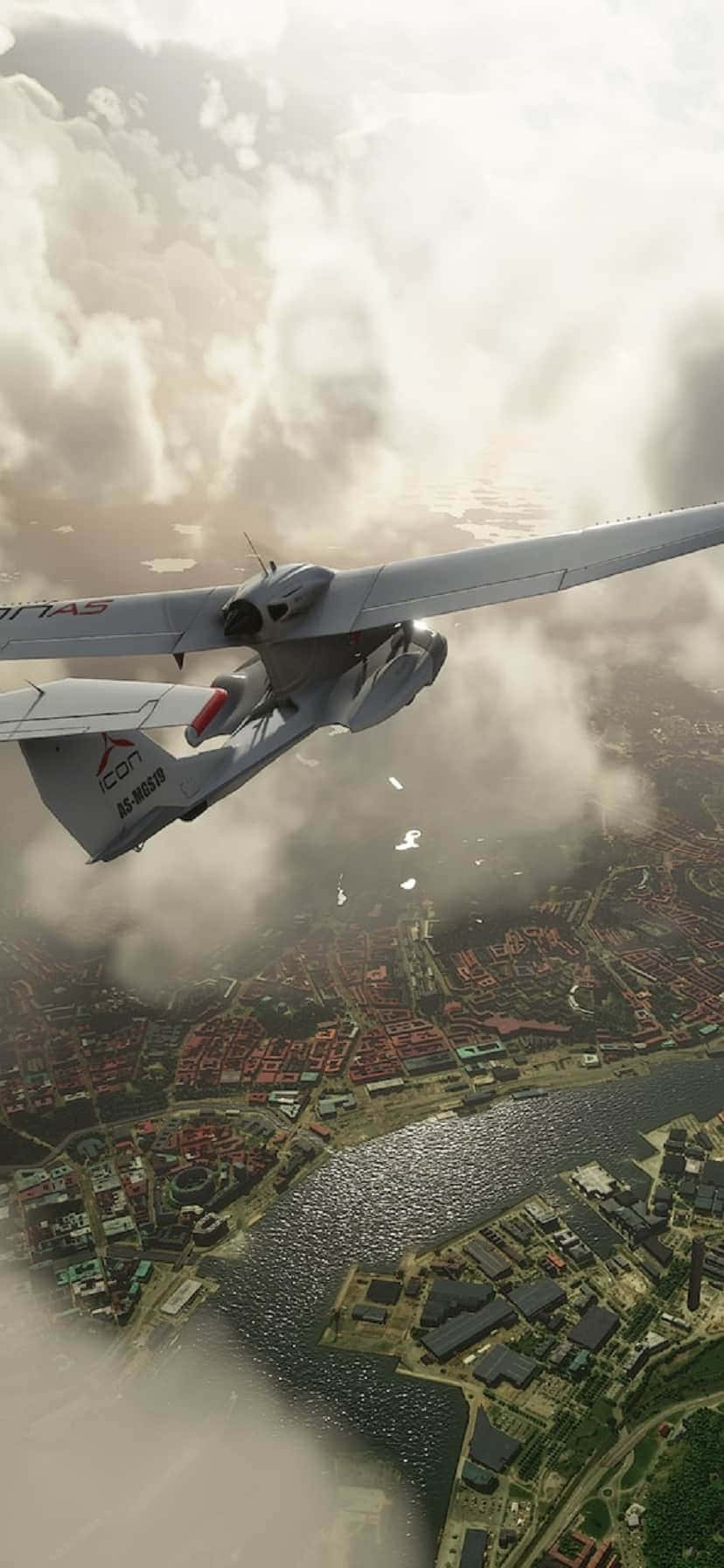 'n klein vliegtuig wat oor 'n stad vlieg Muurpapier
