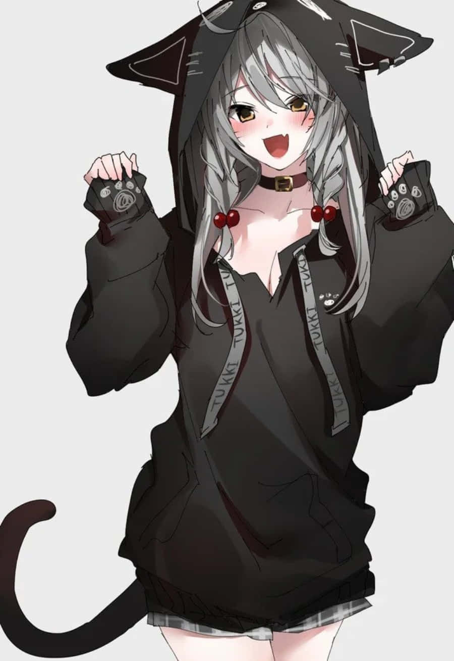 'n Koel en stylvolle Anime-meisie wat 'n oulike hoodie dra Muurpapier