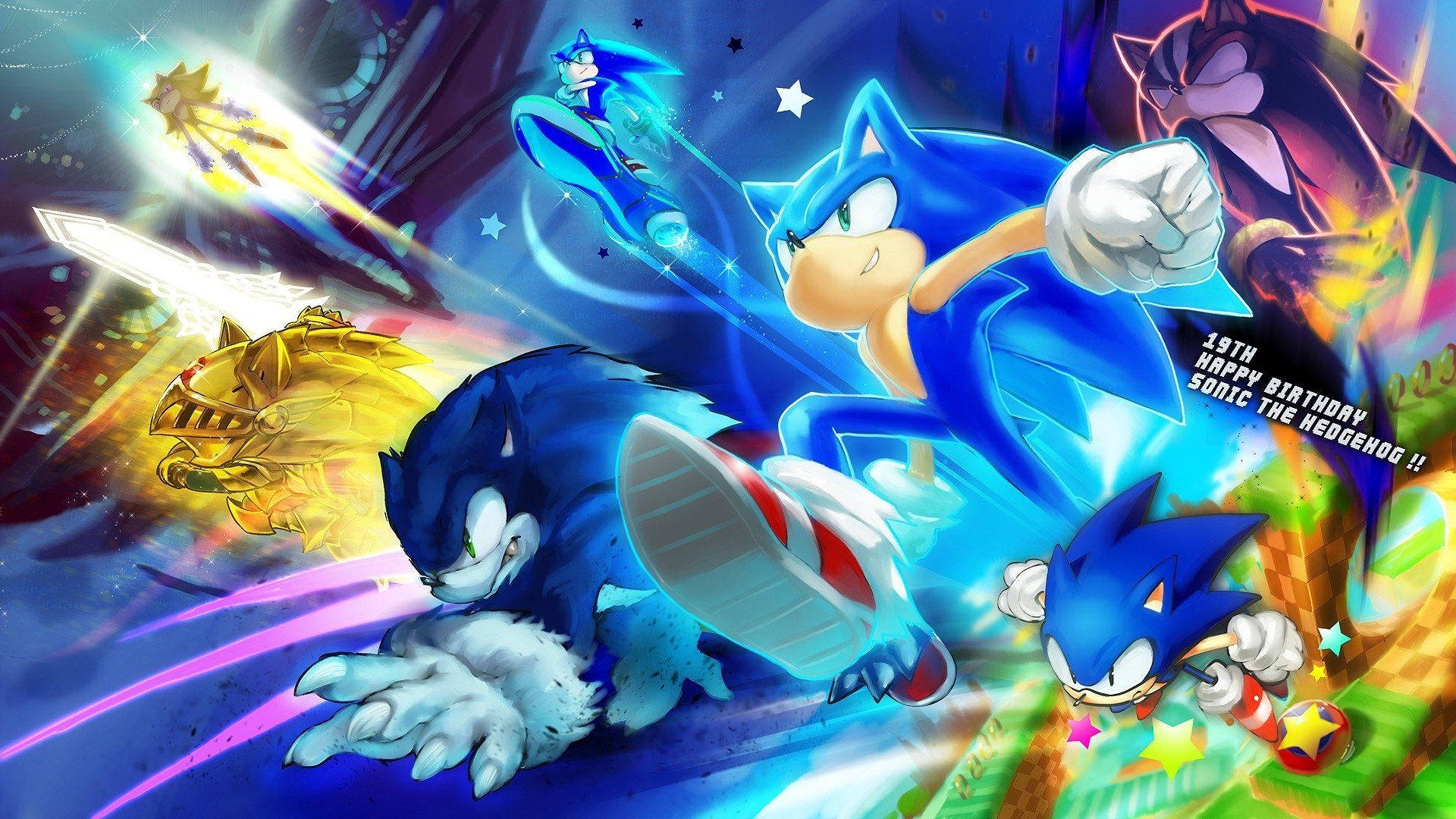Sonic the Hedgehog in kragtige vorms en handelsmerk-spoed-agtergrond.