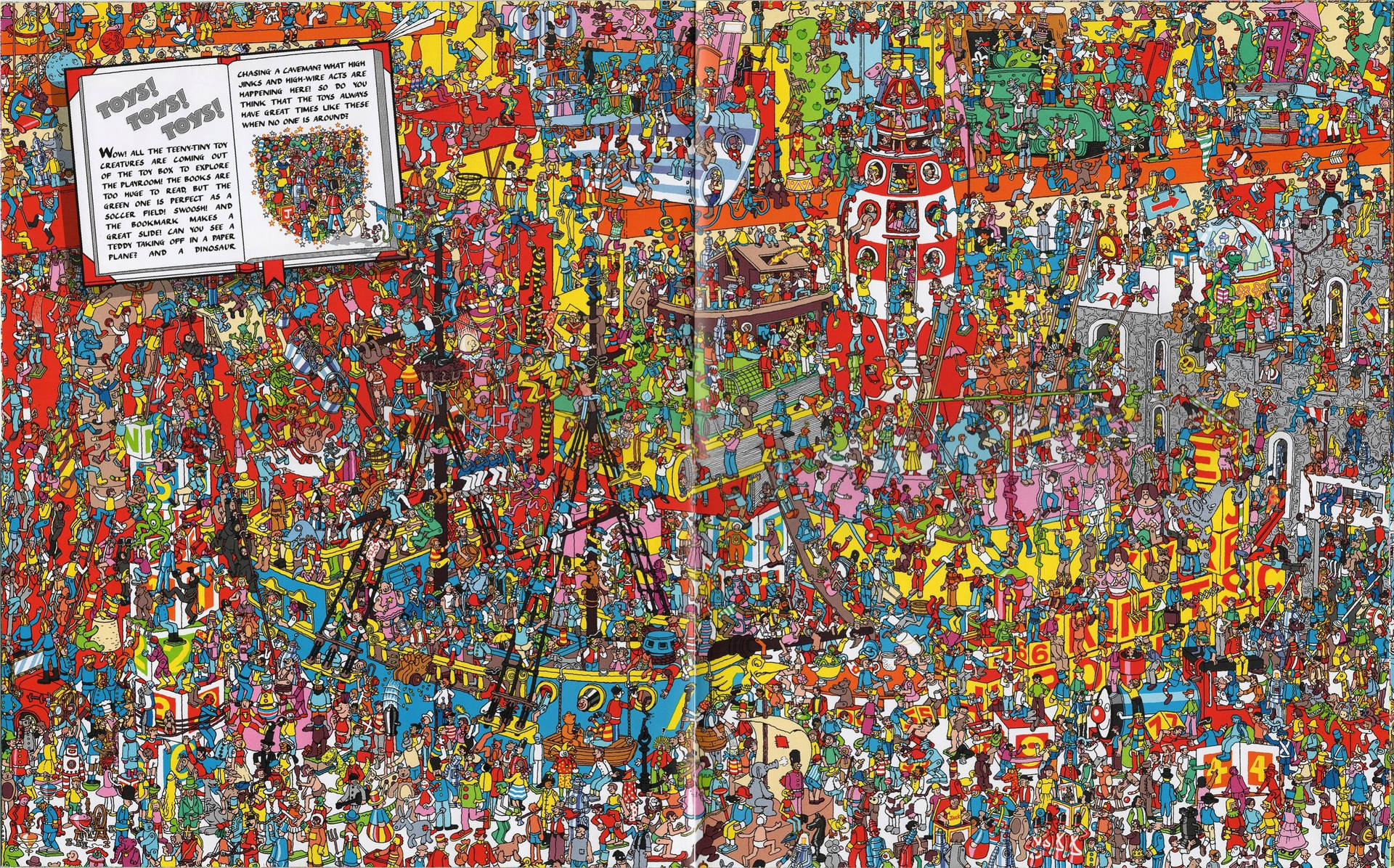 'n Lewendige en intrigerende toneel uit Waar is Wally met miniatuur speelgoedwesens, wat 'n boeiende soekavontuur ontketen.