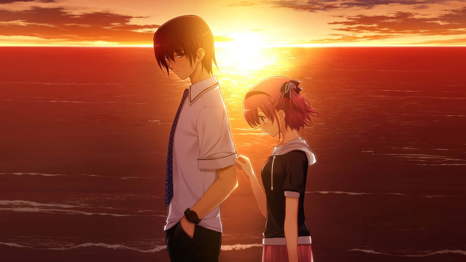 'n Liefdevolle omhelsing tussen 'n Anime-egpaar Muurpapier