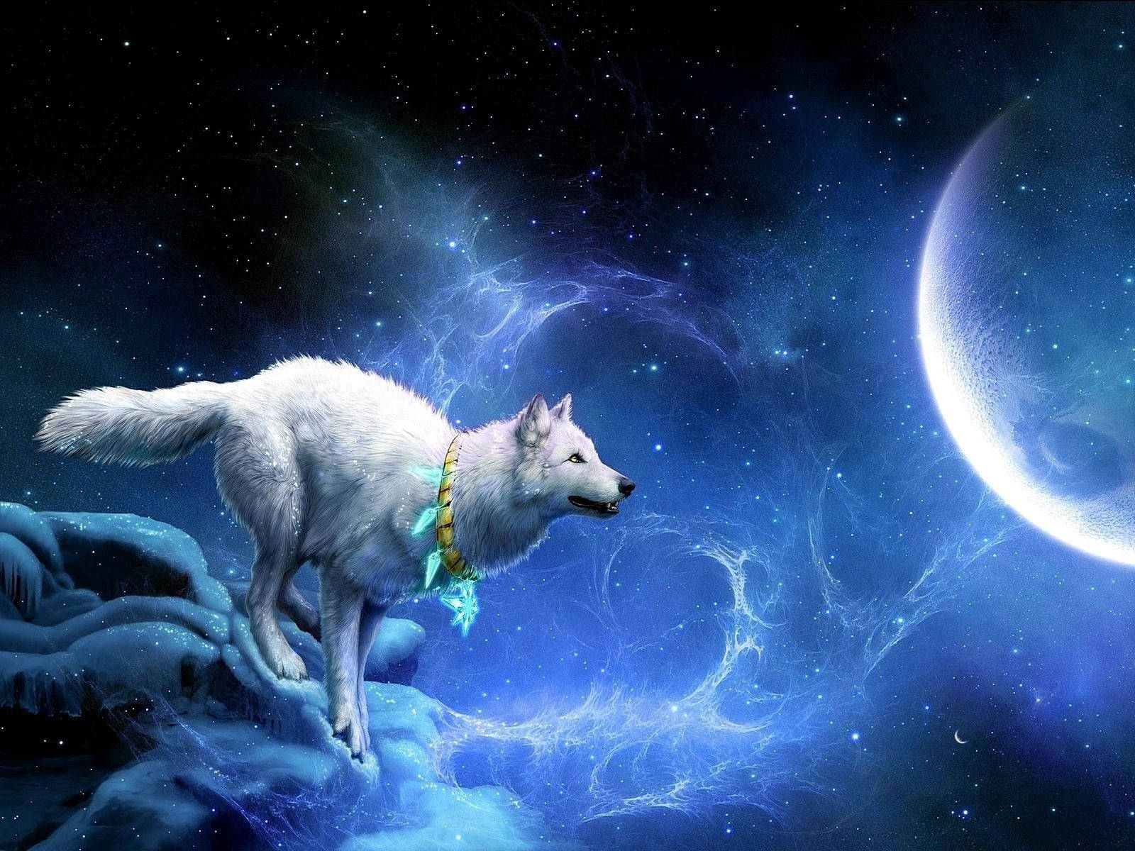 'n Majestueuse wit wolf wat na 'n volmaan huil. Muurpapier