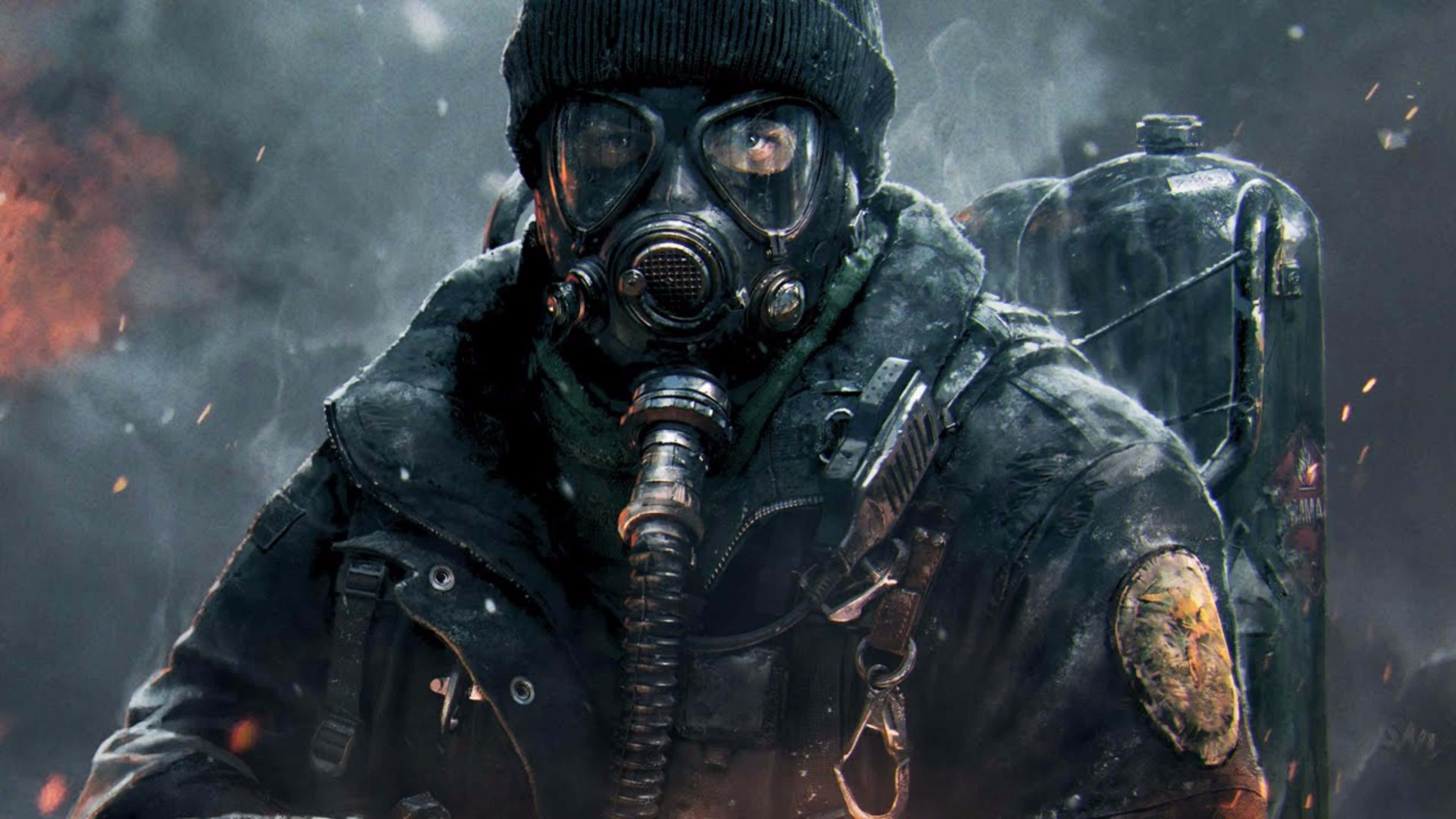 'n man met 'n gasmasker hou 'n geweer vas Muurpapier