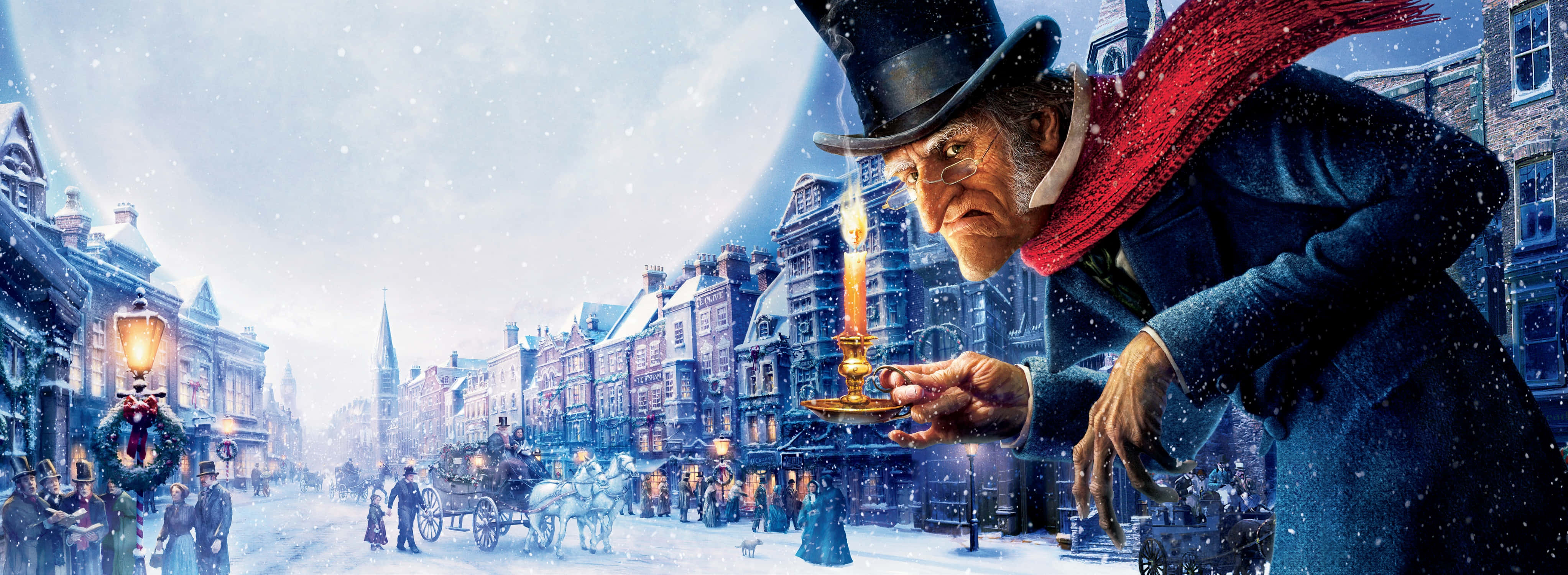 'n man met 'n hoë hoed staan in 'n sneeustraat Muurpapier