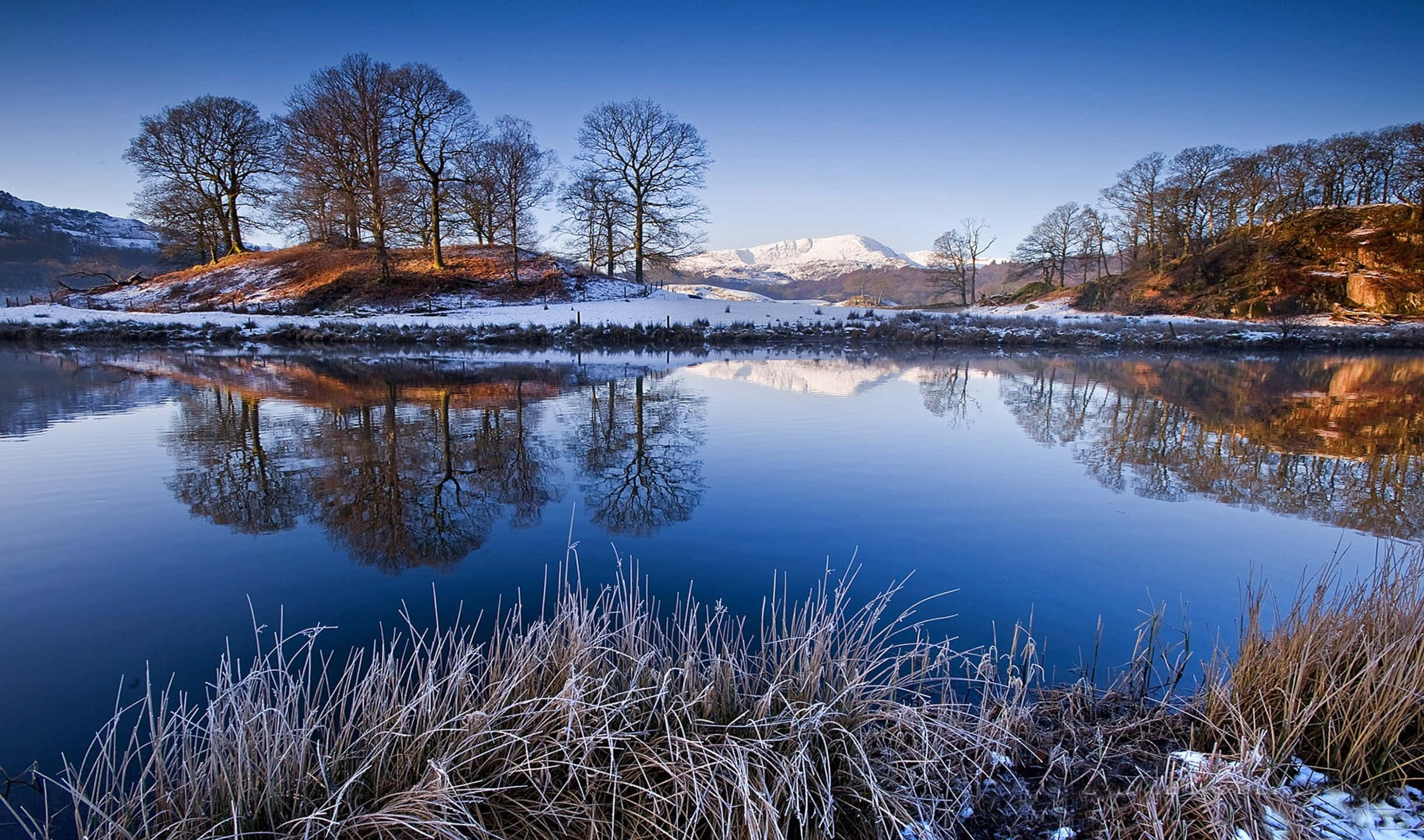 'n meer met sneeubedekte berge en gras Muurpapier